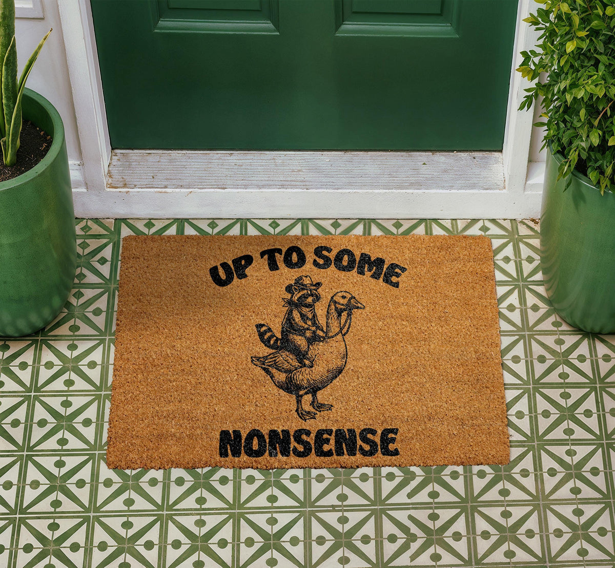 Funny Raccoon Goose "Up To Some Nonsense" Coir Doormat