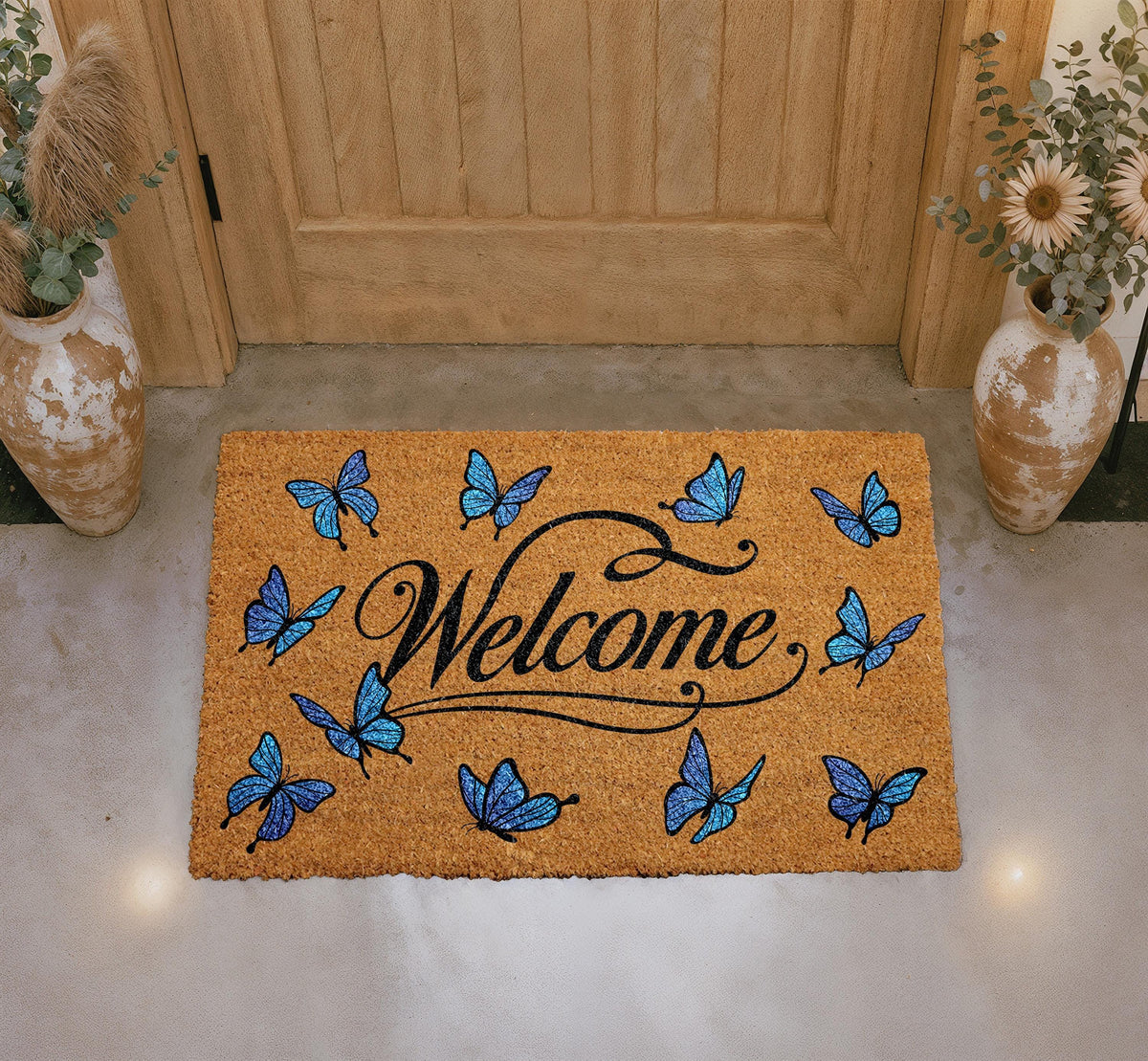 Personalized Butterfly Welcome Doormat, Natural Coir Entryway Mat, Nature Inspired Decor
