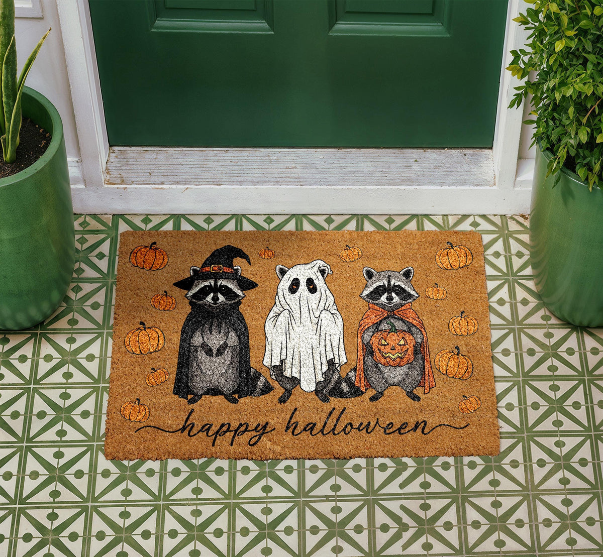 Raccoons Ghost Pumpkin Halloween Doormat, Natural Coir Welcome Rug