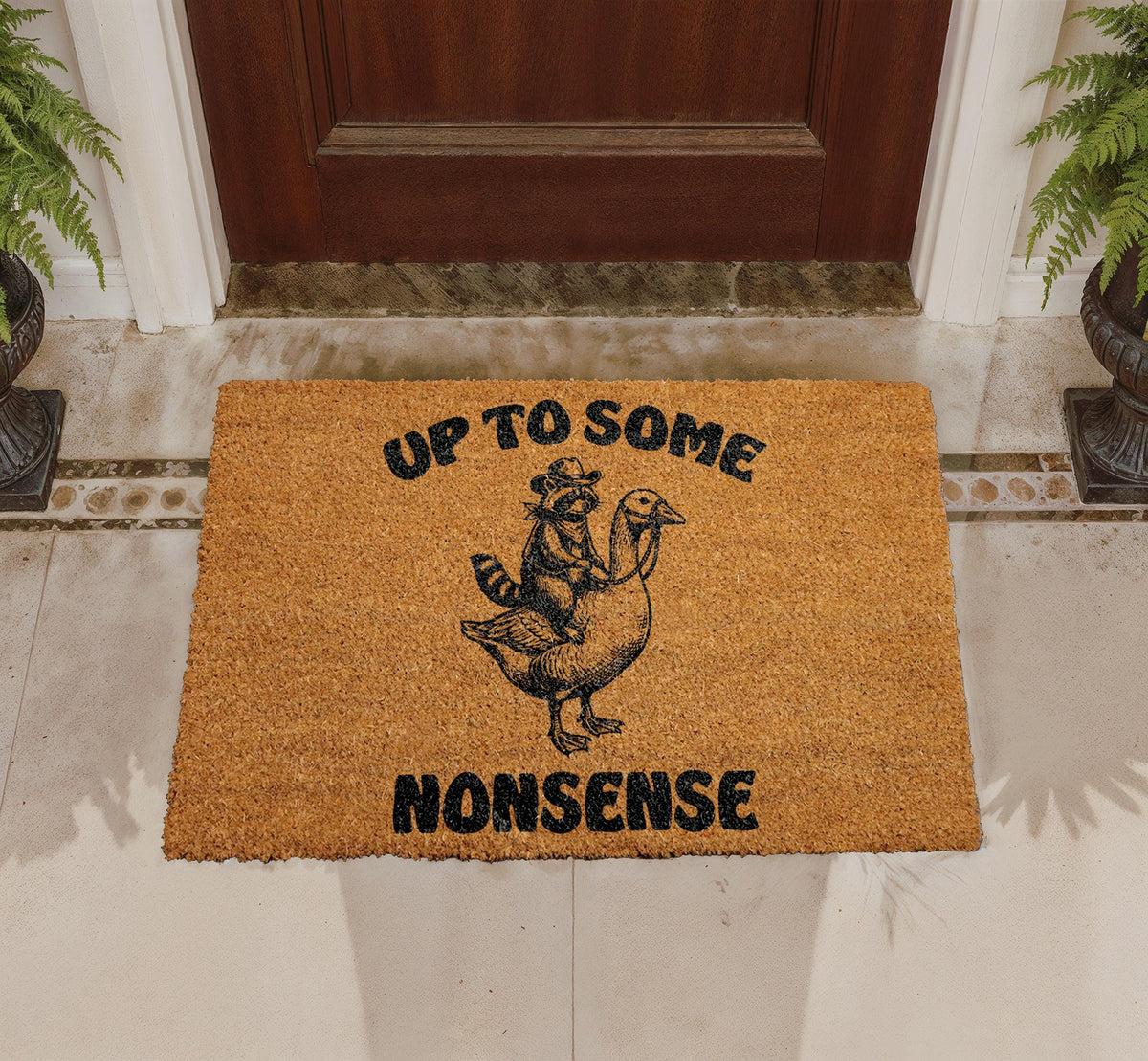 Funny Raccoon Goose "Up To Some Nonsense" Coir Doormat