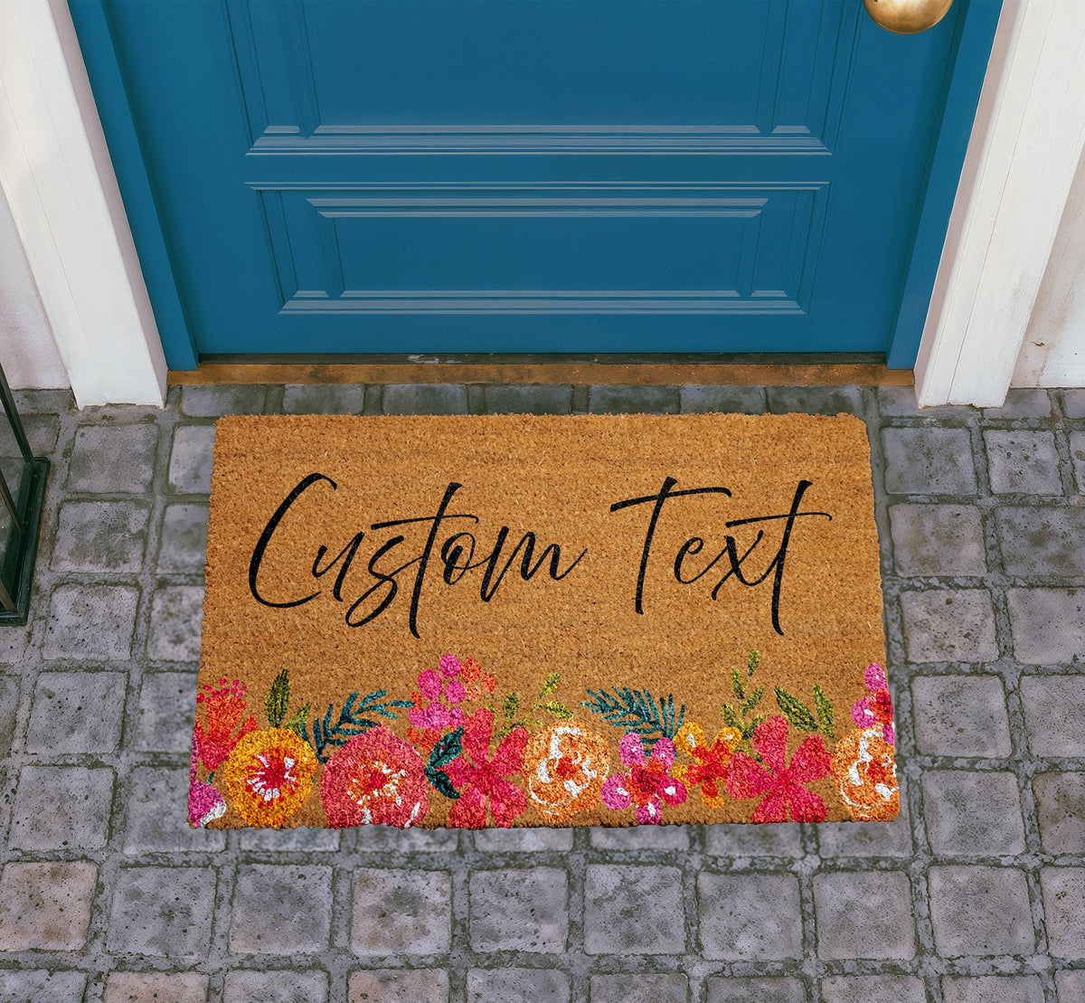 Personalized Floral Coir Doormat, Custom Welcome Mat, Outdoor Entry Rug