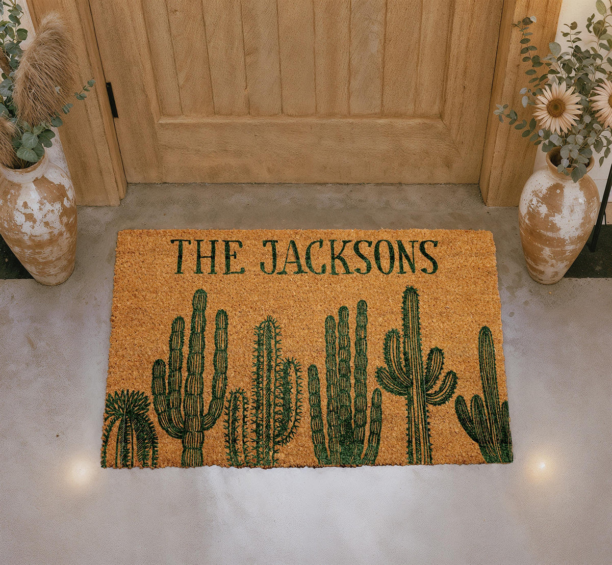 Personalized Cactus Coir Doormat, Custom Family Name Welcome Mat, Southwestern Entryway Rug