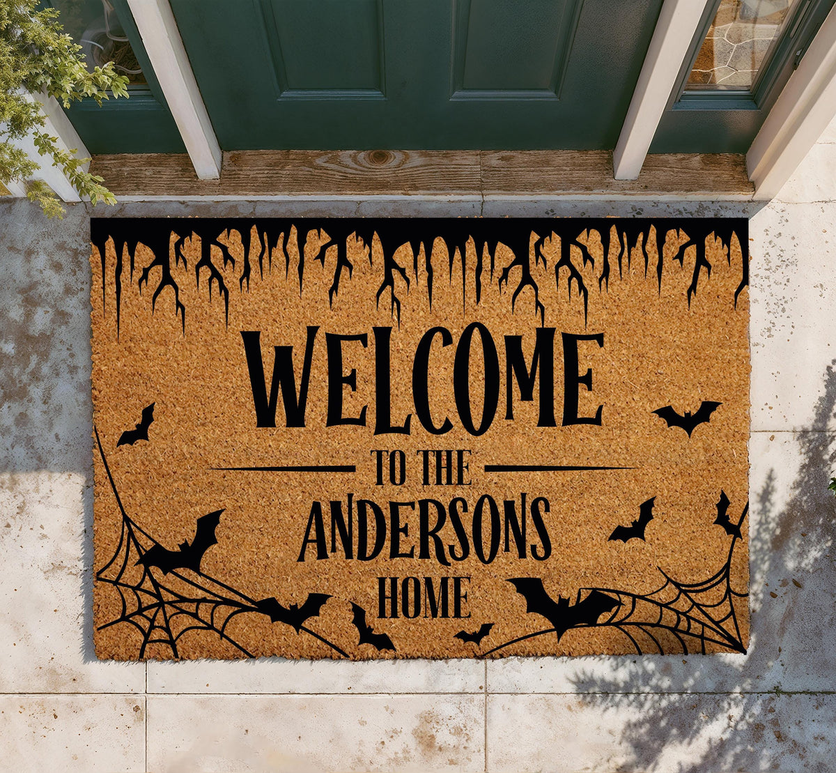 Personalized Halloween Doormat, Custom Bat & Spider Web Welcome Mat (Coir)
