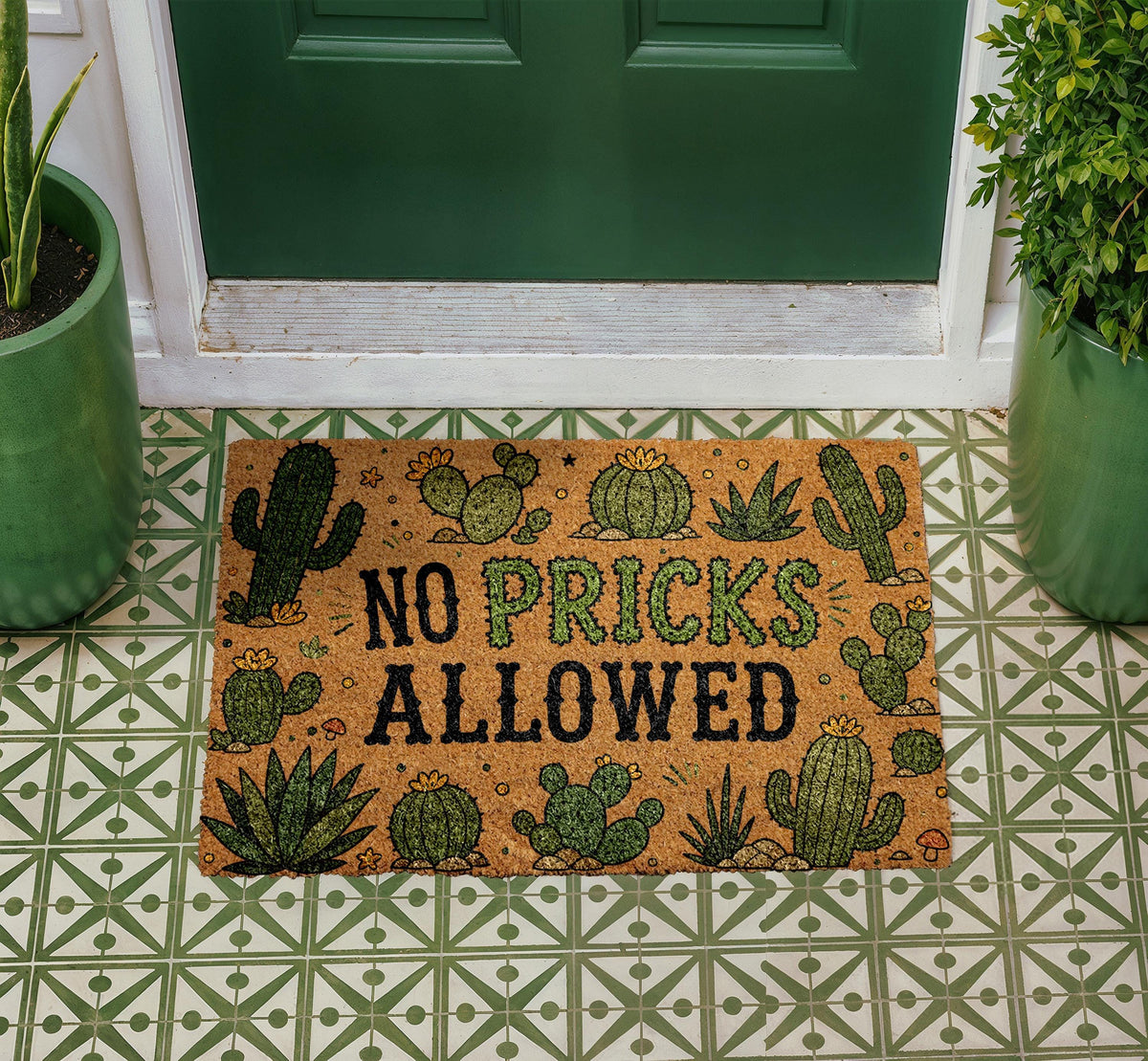 No Pricks Allowed Cactus Doormat, Personalized Coir Welcome Mat, Southwestern Porch Decor