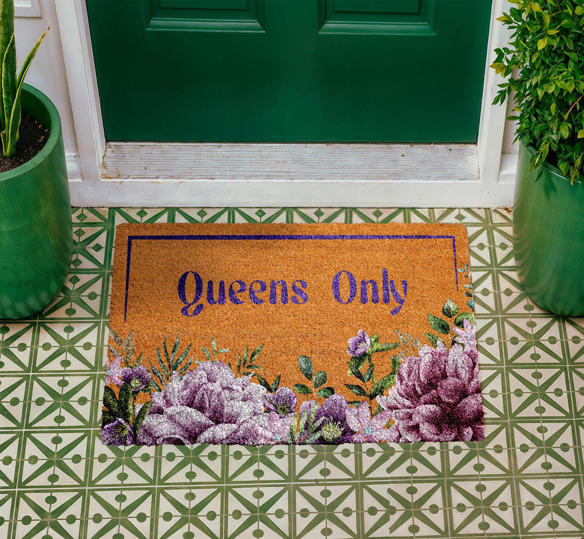 Floral Queens Only Doormat, Feminine Coir Entryway Rug, Elegant Flowers Front Porch Mat