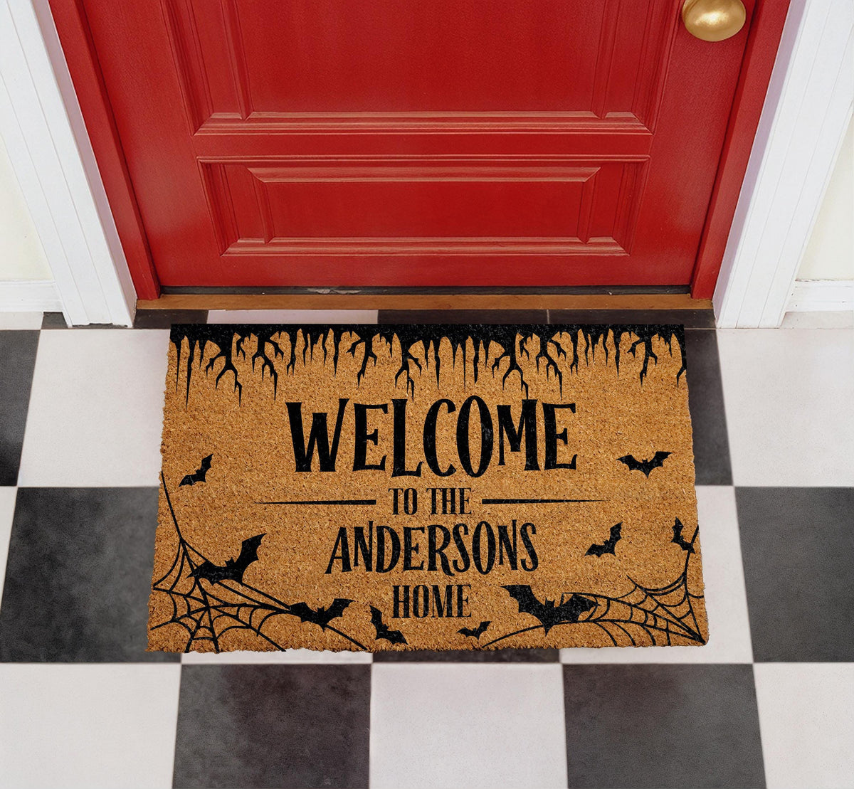 Personalized Halloween Doormat, Custom Bat & Spider Web Welcome Mat (Coir)