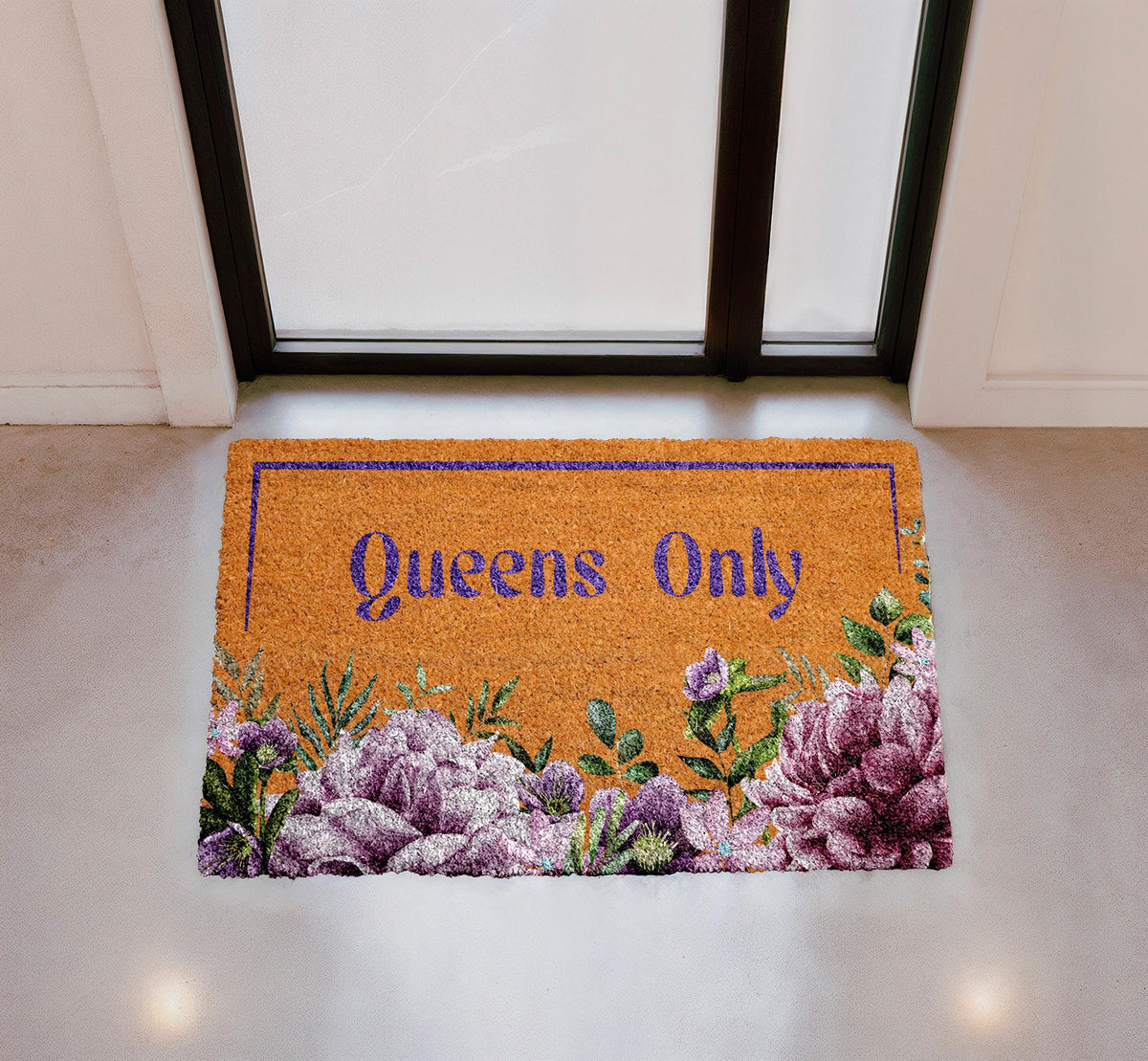 Floral Queens Only Doormat, Feminine Coir Entryway Rug, Elegant Flowers Front Porch Mat