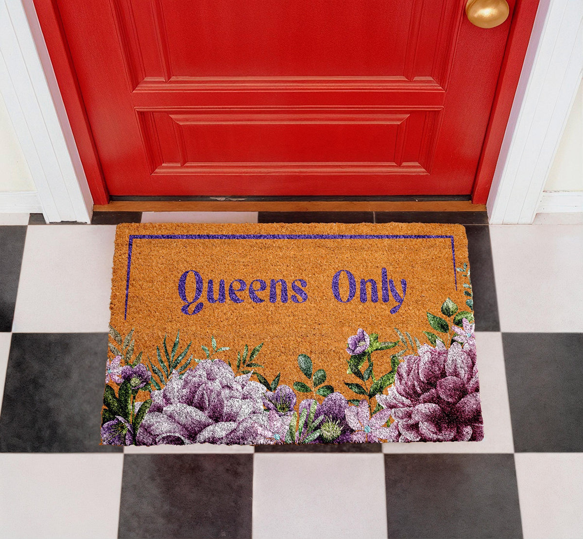 Floral Queens Only Doormat, Feminine Coir Entryway Rug, Elegant Flowers Front Porch Mat