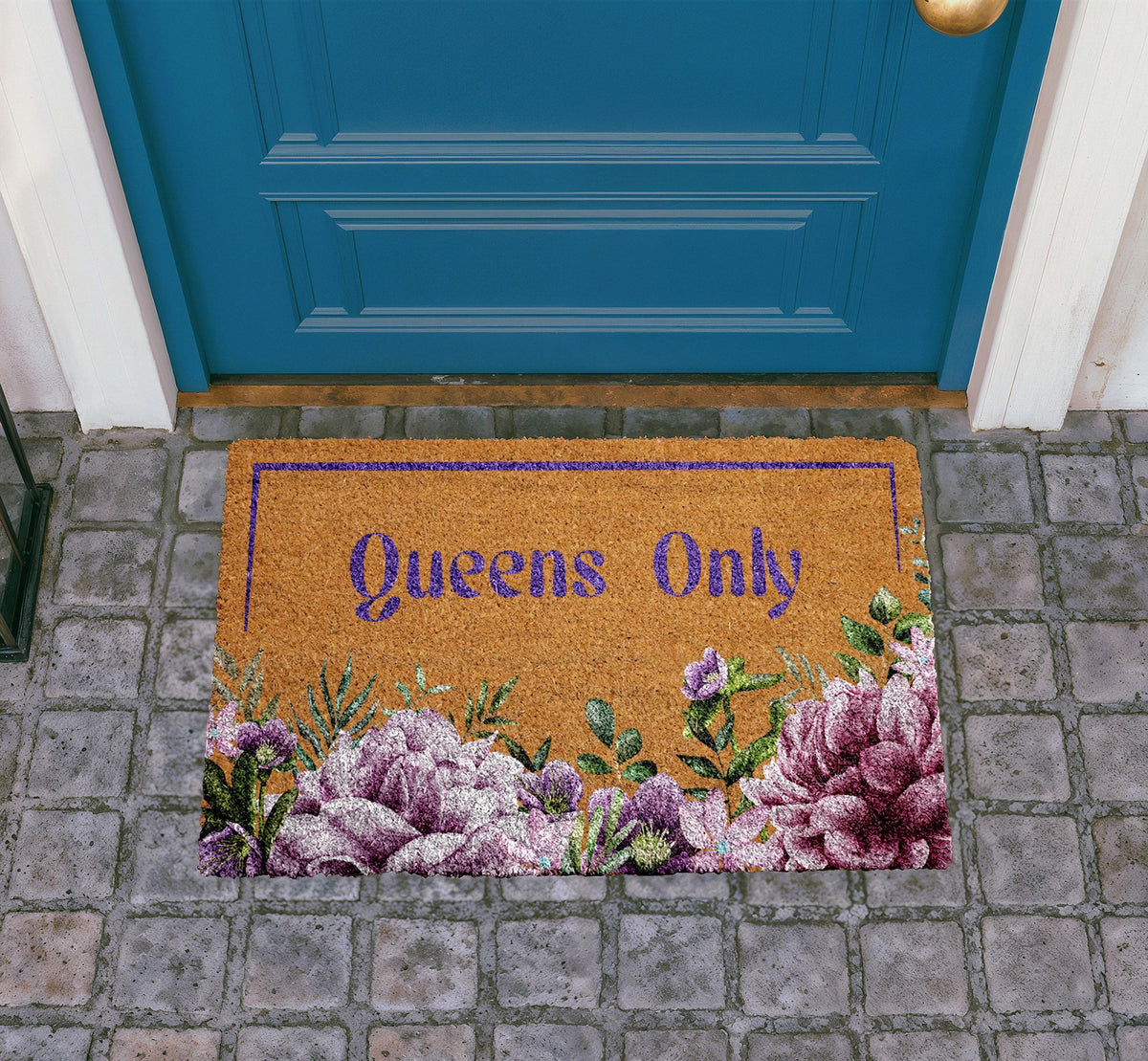 Floral Queens Only Doormat, Feminine Coir Entryway Rug, Elegant Flowers Front Porch Mat