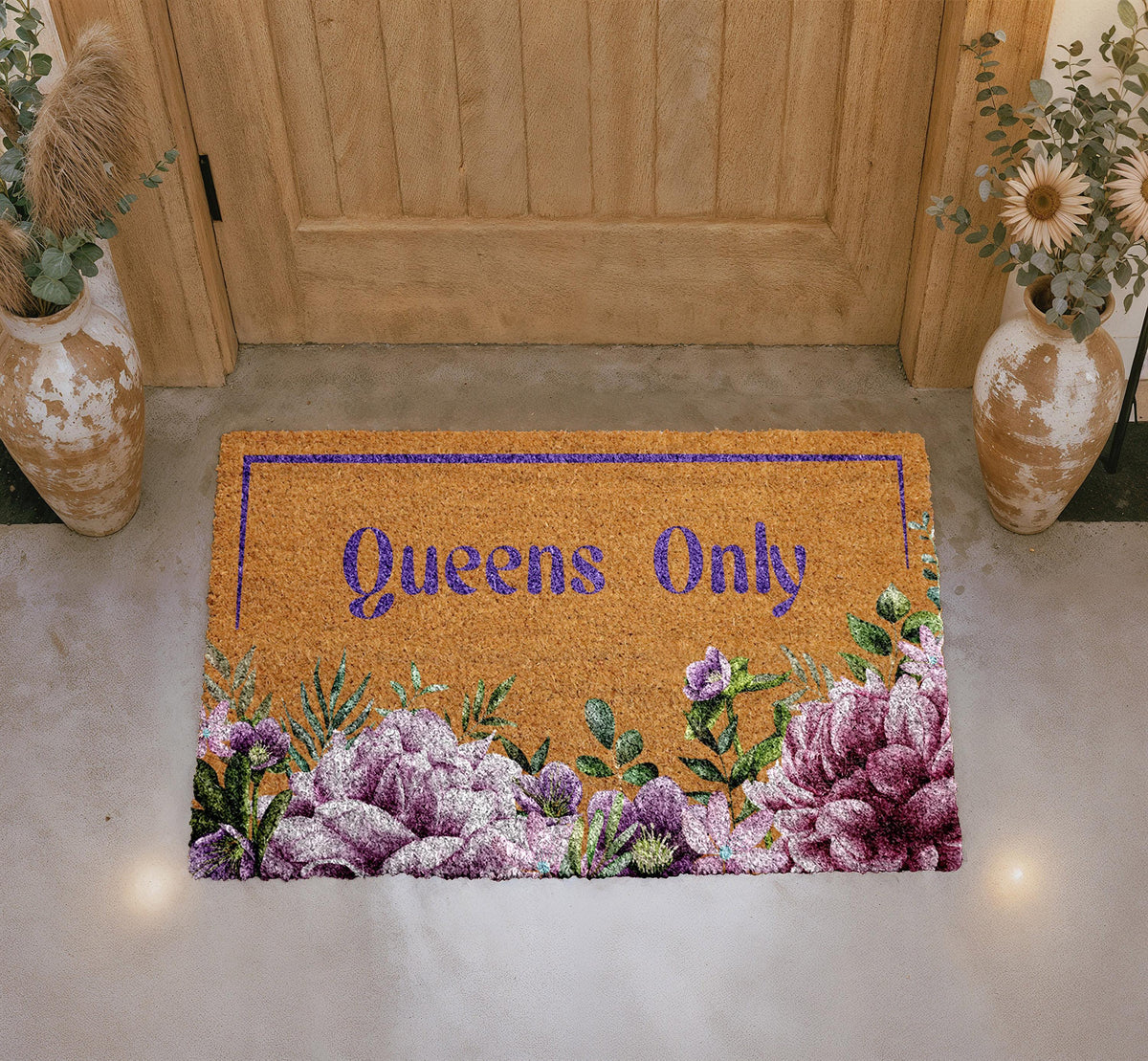 Floral Queens Only Doormat, Feminine Coir Entryway Rug, Elegant Flowers Front Porch Mat