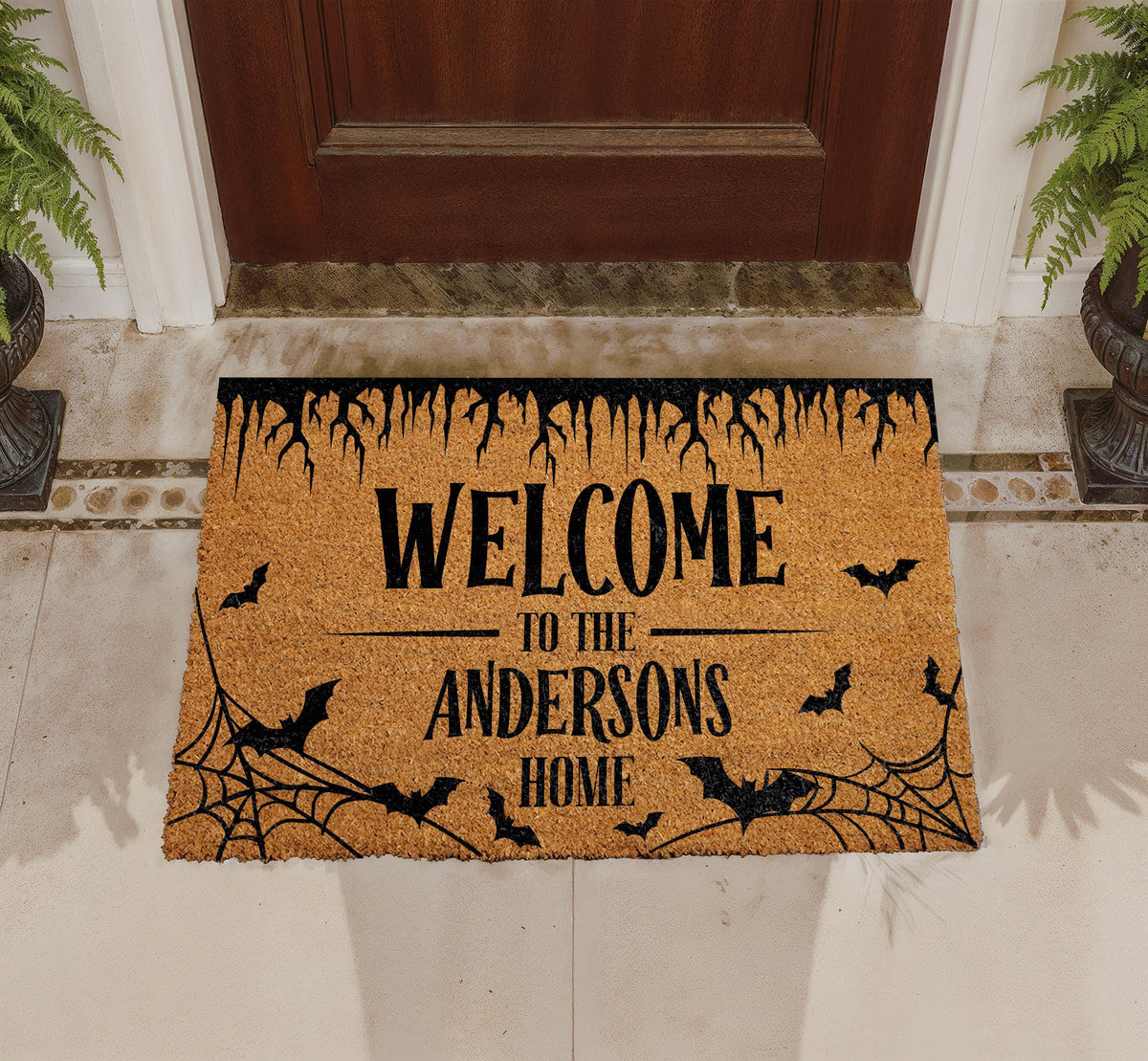 Personalized Halloween Doormat, Custom Bat & Spider Web Welcome Mat (Coir)