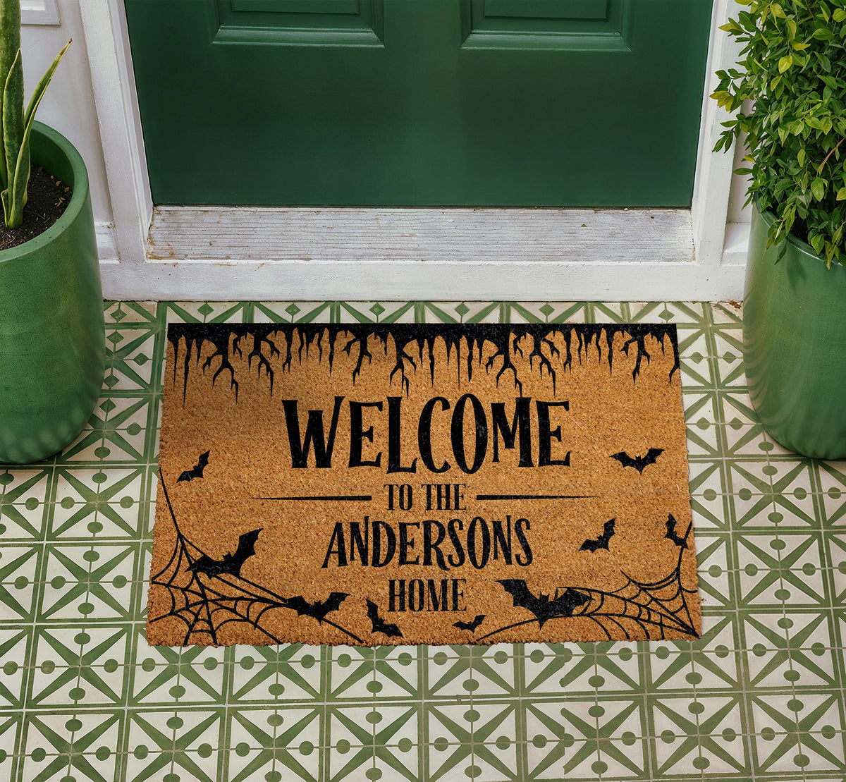 Personalized Halloween Doormat, Custom Bat & Spider Web Welcome Mat (Coir)