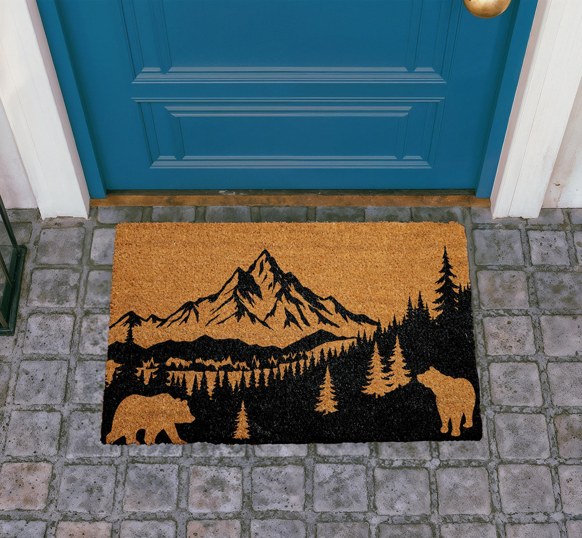 Personalized Mountain Landscape Doormat, Rustic Bear Cabin Front Entryway Mat