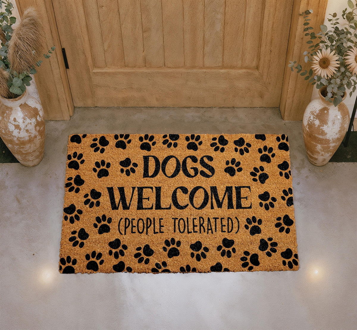 Funny Dog Welcome Mat, Natural Coir Paw Print Entryway Rug