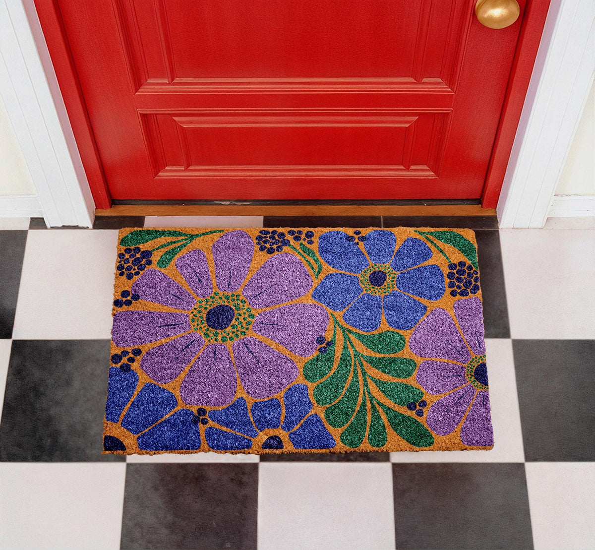 Personalized Floral Coir Doormat, Botanical Outdoor Welcome Mat