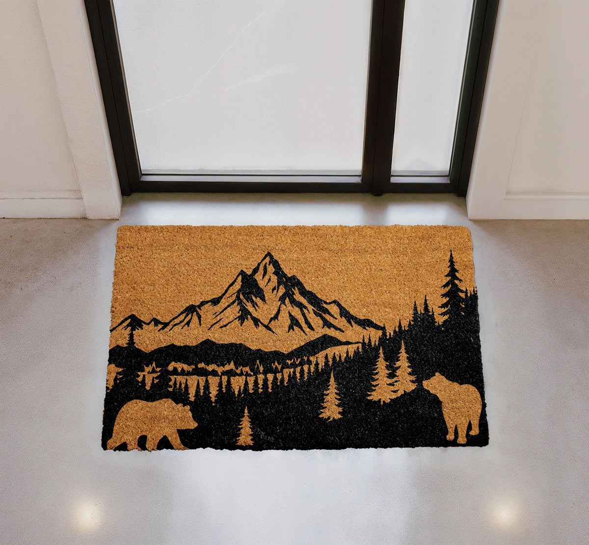 Personalized Mountain Landscape Doormat, Rustic Bear Cabin Front Entryway Mat