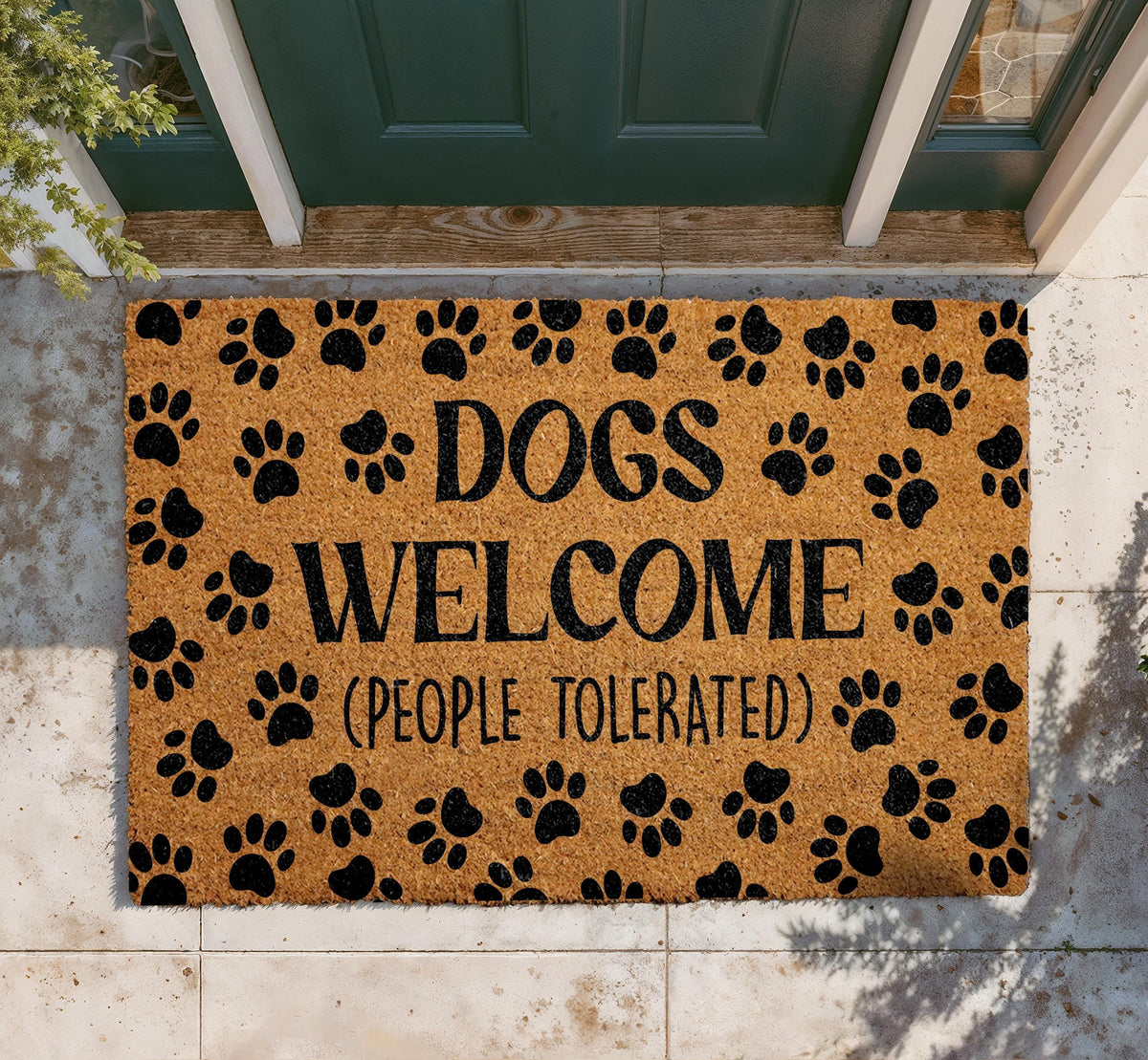 Funny Dog Welcome Mat, Natural Coir Paw Print Entryway Rug