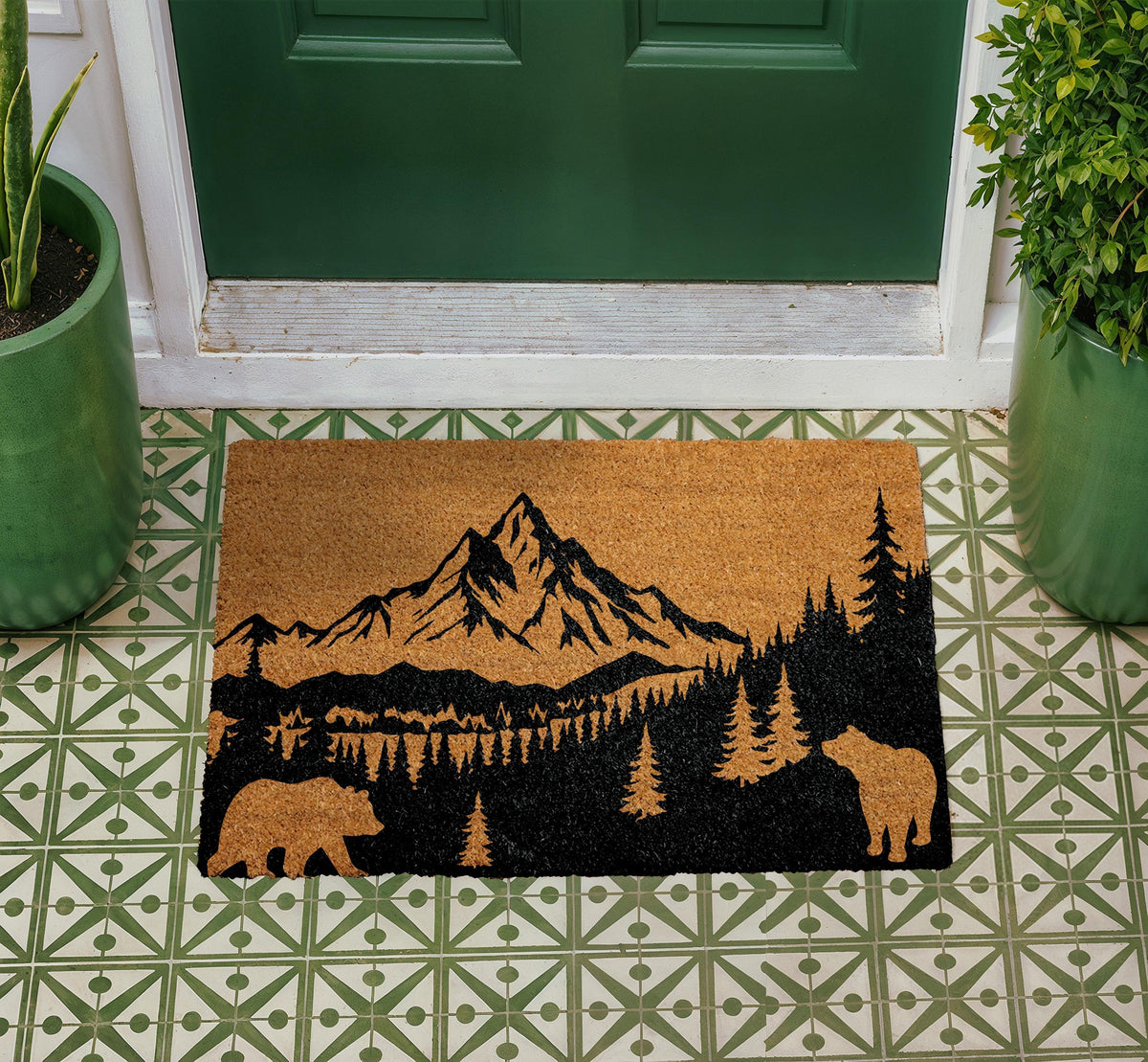 Personalized Mountain Landscape Doormat, Rustic Bear Cabin Front Entryway Mat