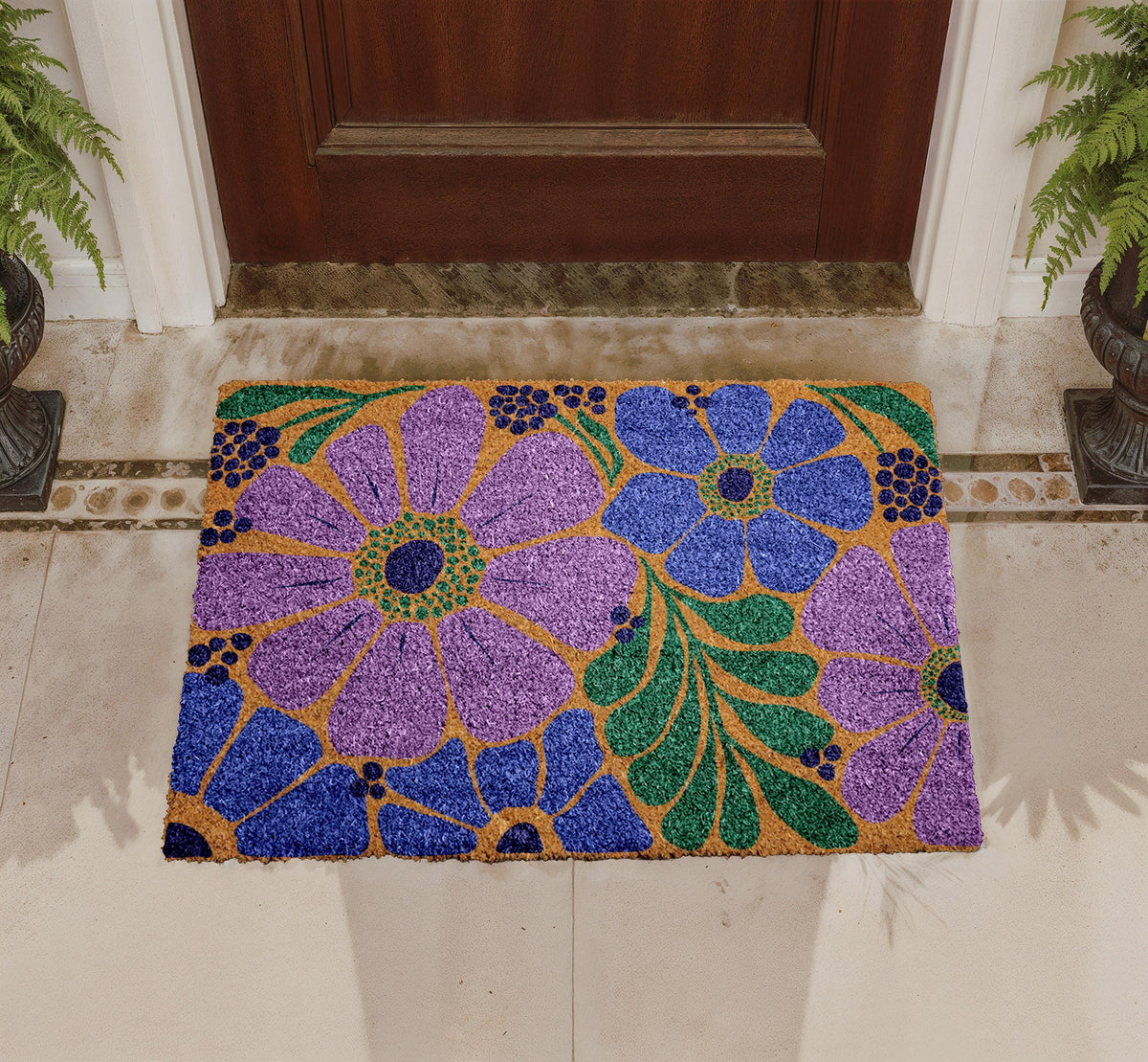 Personalized Floral Coir Doormat, Botanical Outdoor Welcome Mat