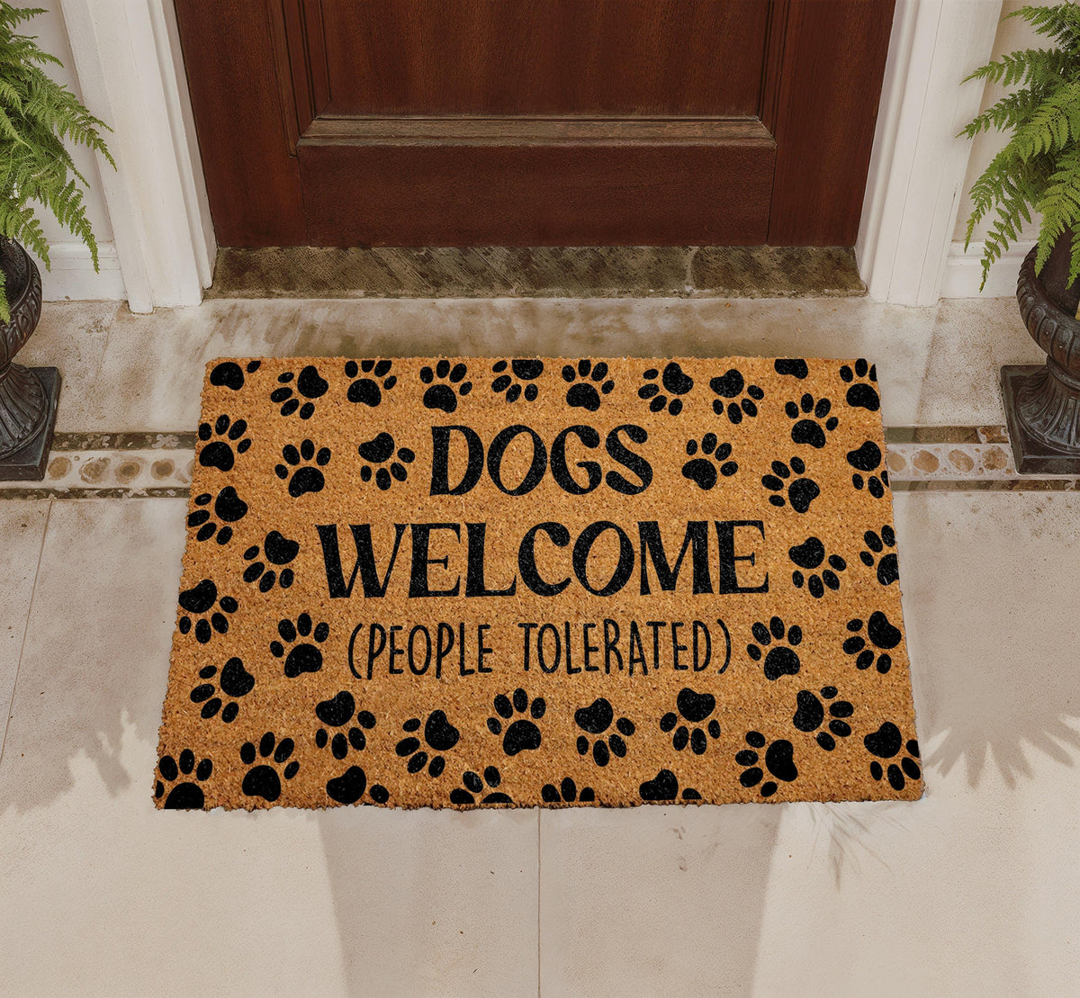 Funny Dog Welcome Mat, Natural Coir Paw Print Entryway Rug