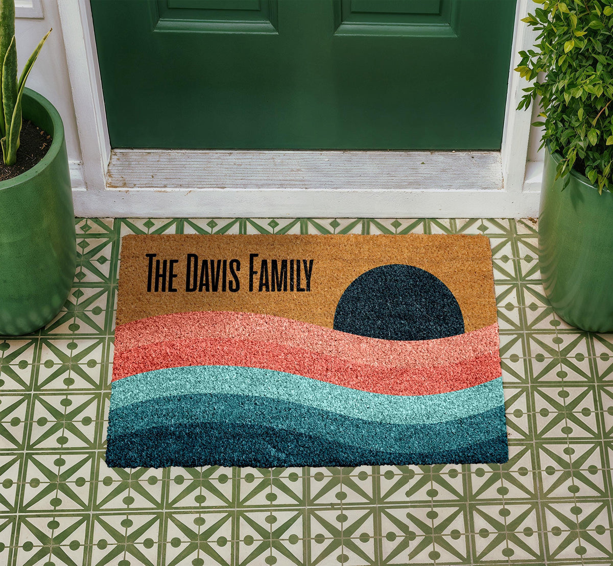 Personalized Family Doormat, Retro Sunset Ocean Wave Coir Mat (Custom Last Name)