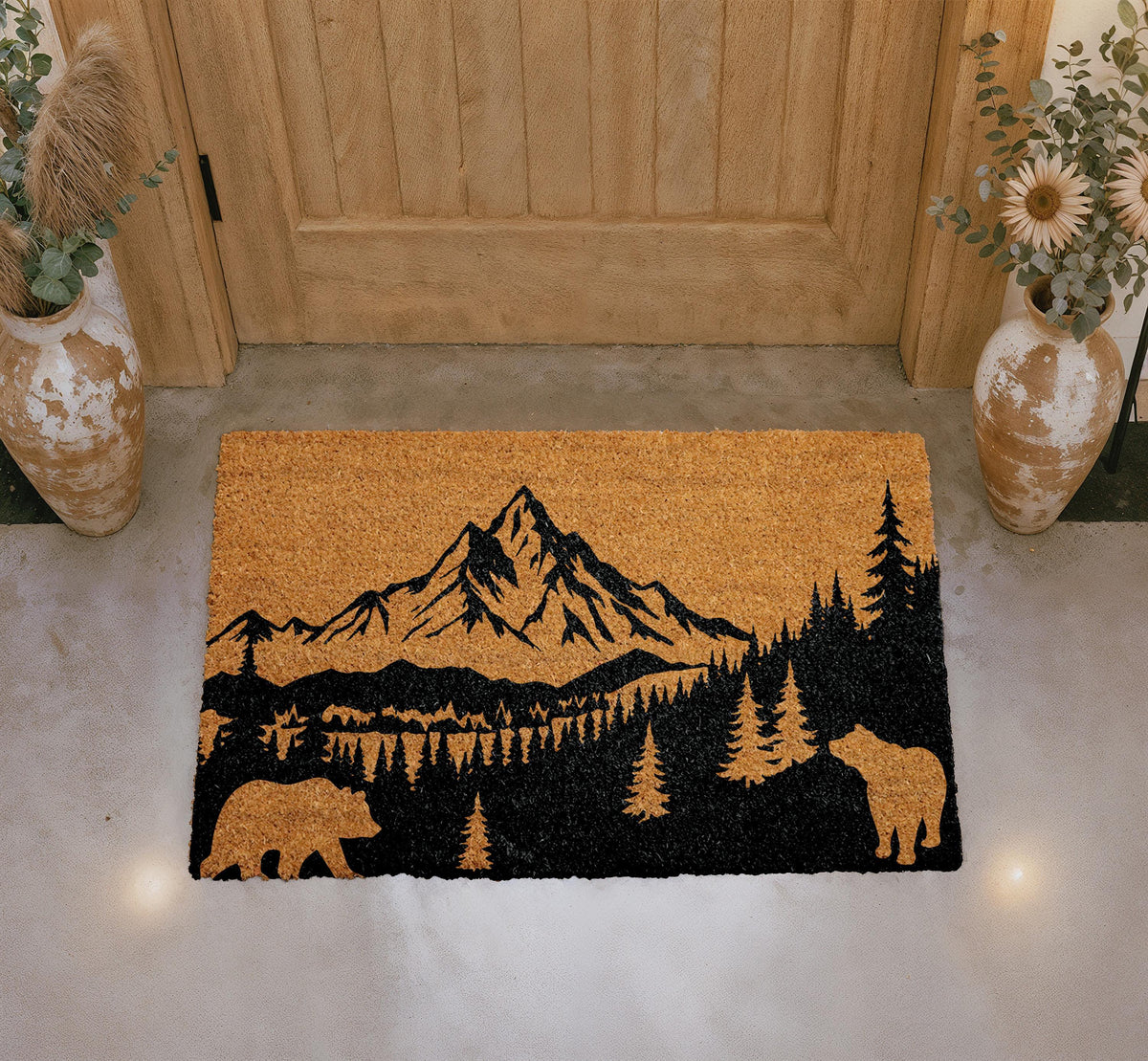 Personalized Mountain Landscape Doormat, Rustic Bear Cabin Front Entryway Mat