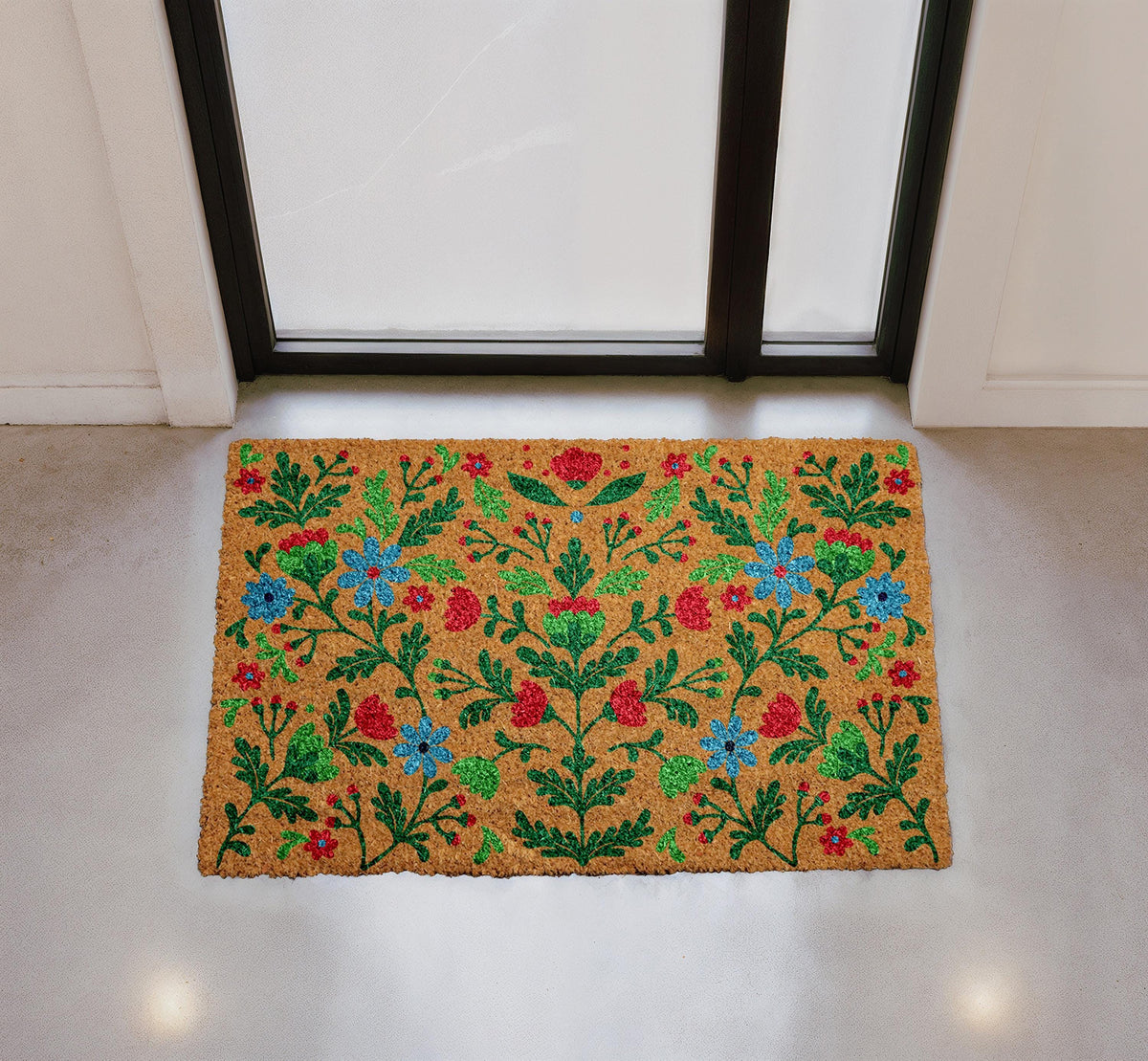 Personalized Floral Coir Doormat, Custom Welcome Mat, Boho Outdoor Rug (18"x30")