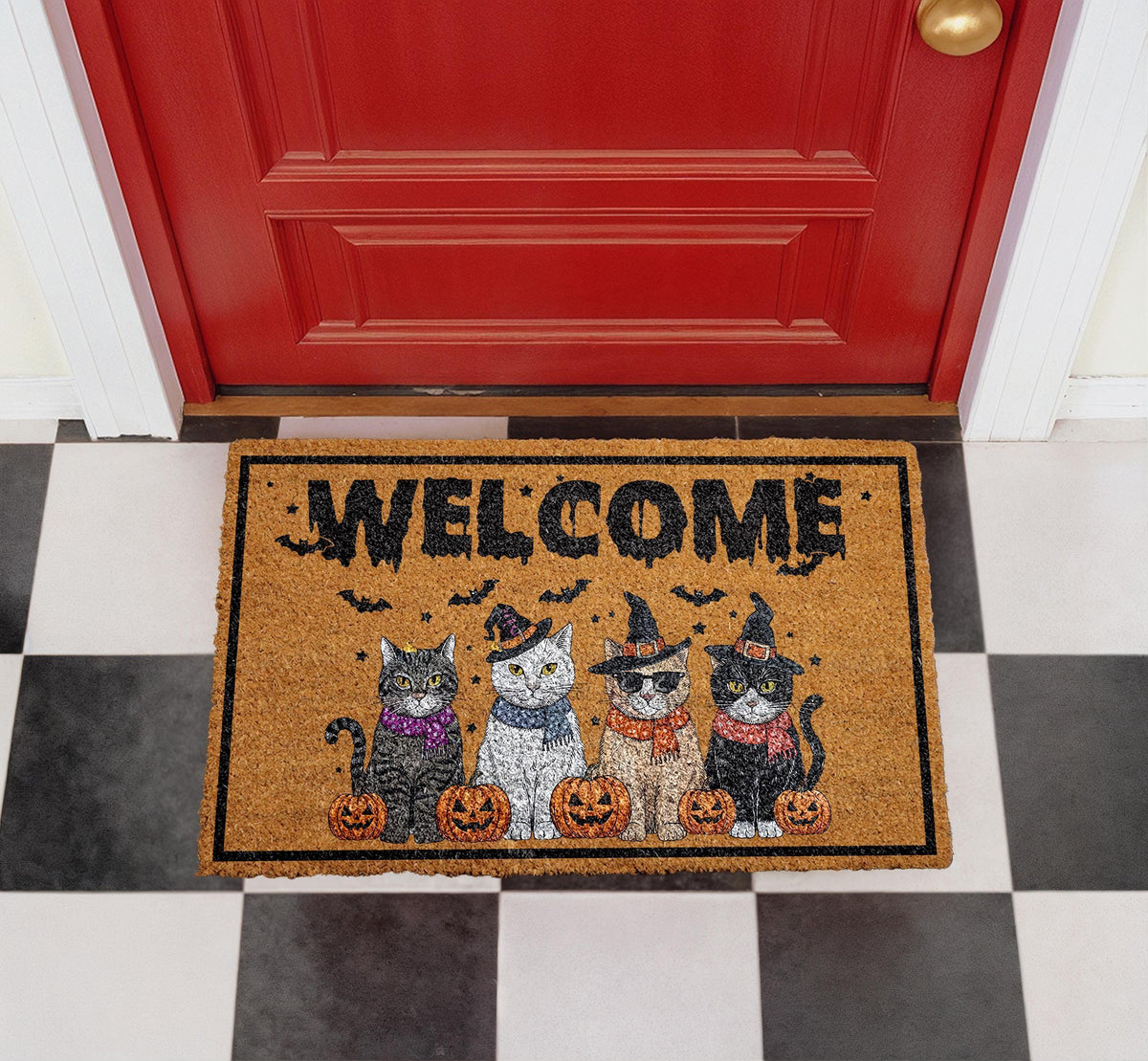 Halloween Witchy Cats Doormat, Pumpkin Welcome Mat, Coir Outdoor Rug (Personalized)
