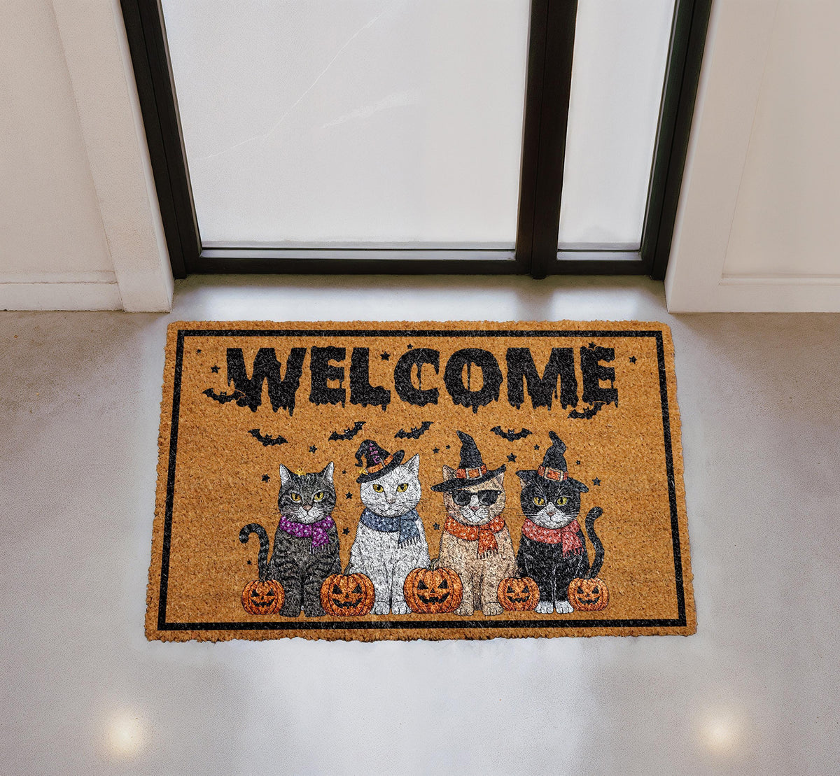 Halloween Witchy Cats Doormat, Pumpkin Welcome Mat, Coir Outdoor Rug (Personalized)