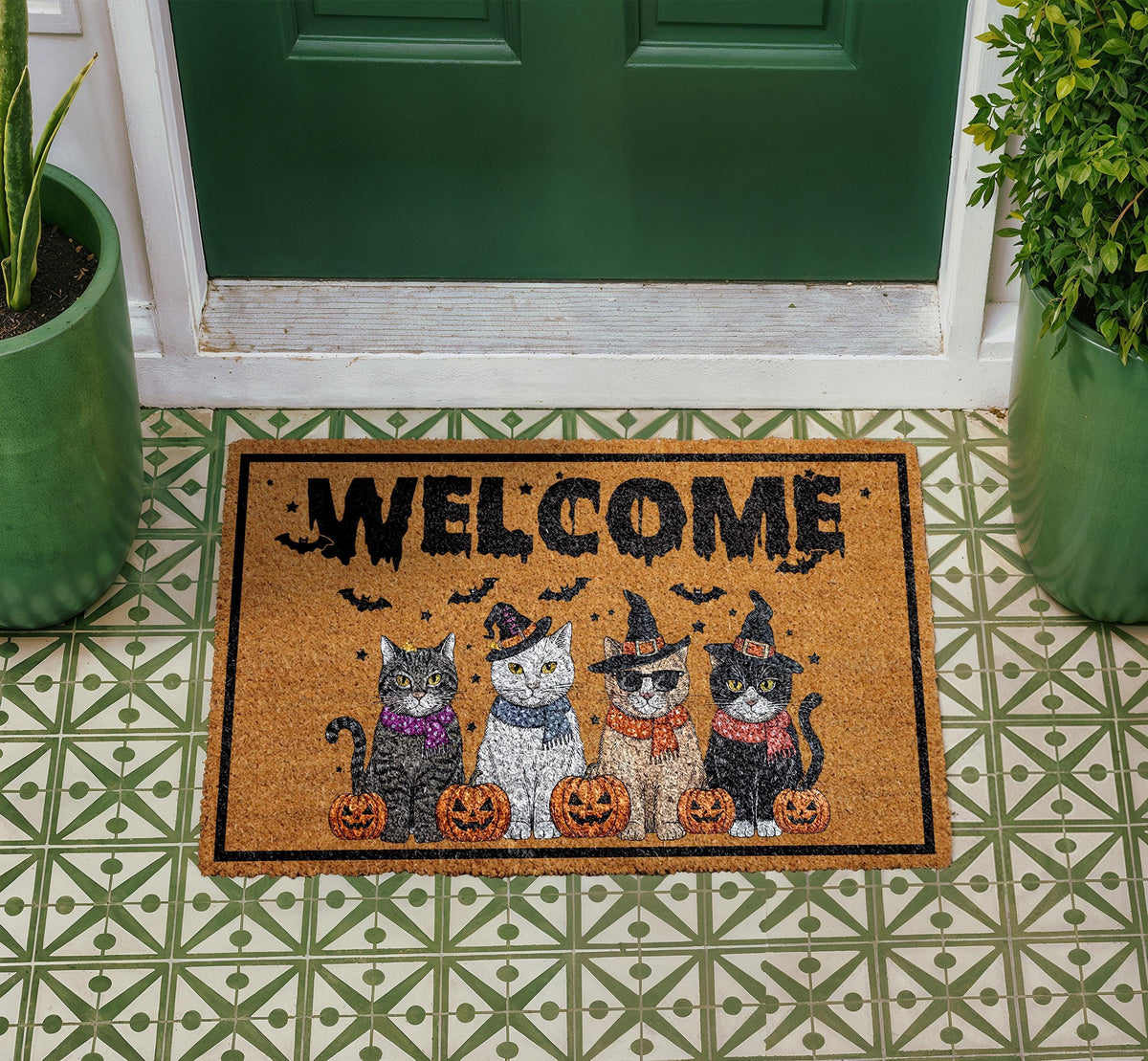Halloween Witchy Cats Doormat, Pumpkin Welcome Mat, Coir Outdoor Rug (Personalized)