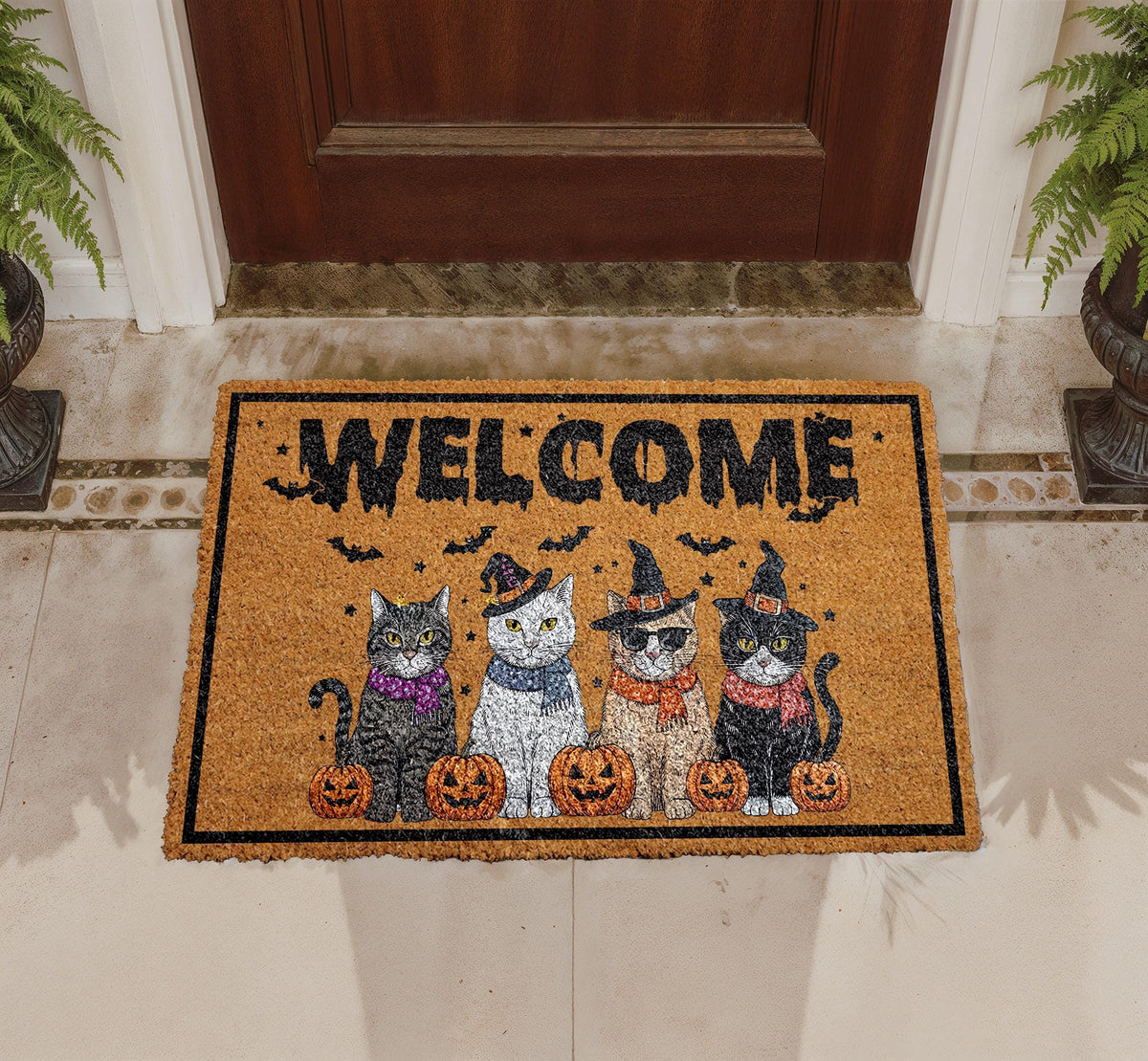 Halloween Witchy Cats Doormat, Pumpkin Welcome Mat, Coir Outdoor Rug (Personalized)