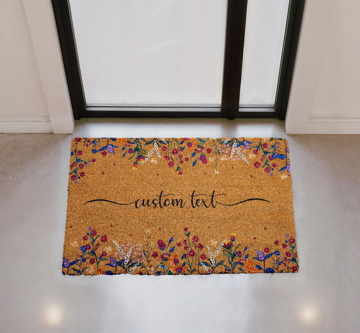 Boho Floral Door Mat, Personalized Family Name Welcome Rug