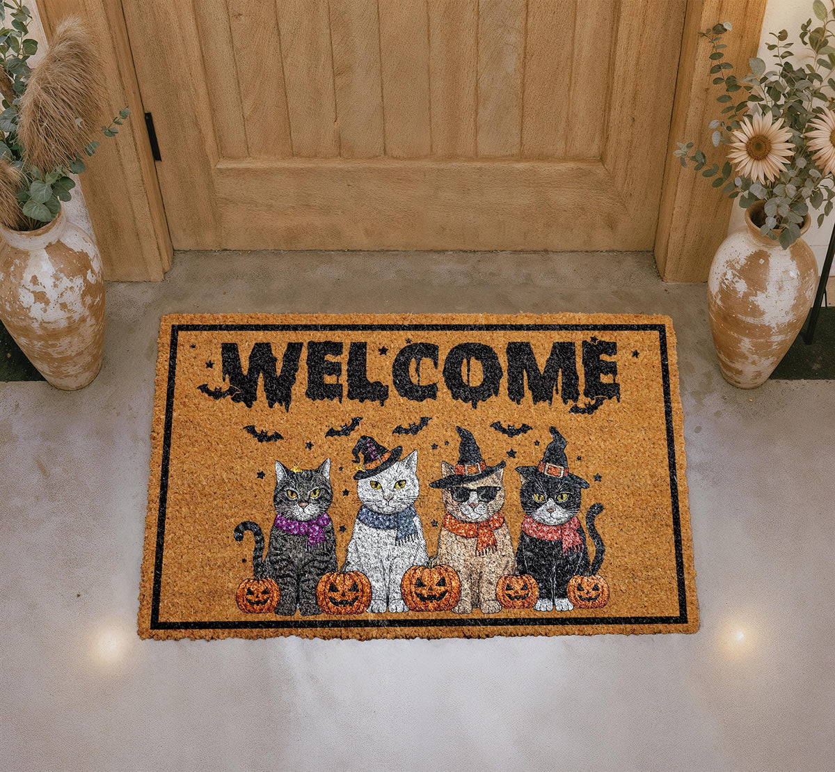 Halloween Witchy Cats Doormat, Pumpkin Welcome Mat, Coir Outdoor Rug (Personalized)