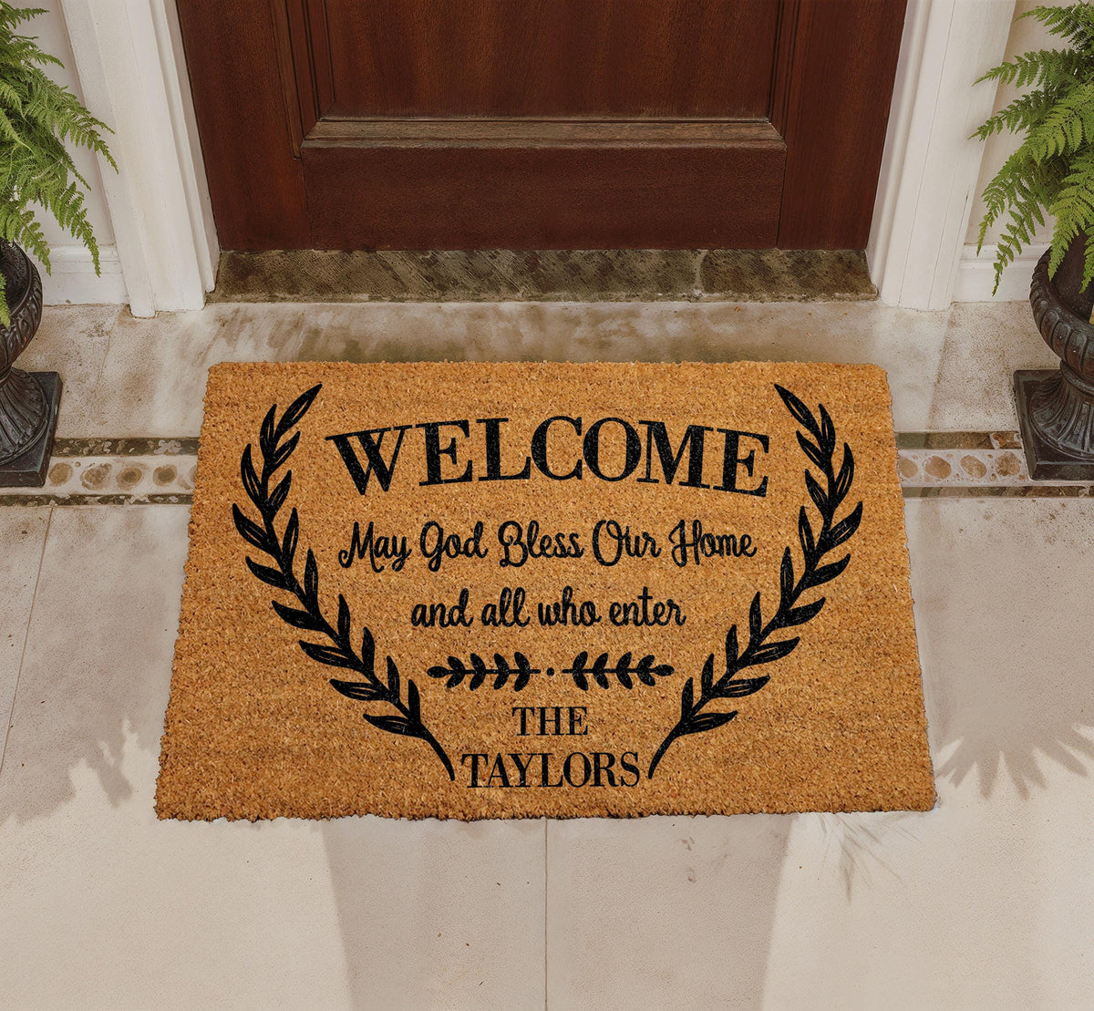 Personalized Family Name Doormat, Christian Welcome Mat, Natural Coir Entryway Rug