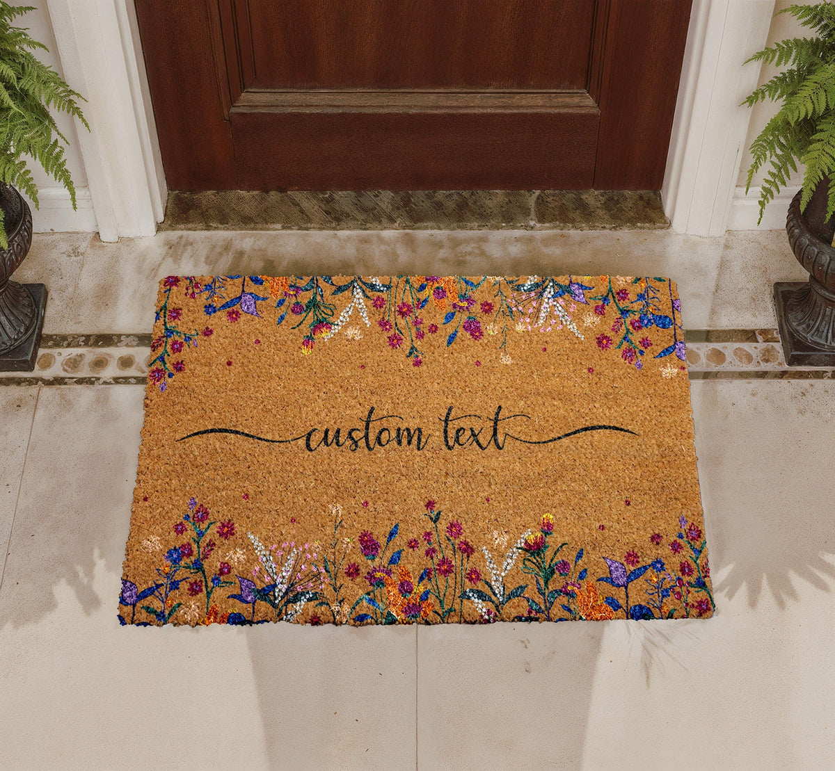 Boho Floral Door Mat, Personalized Family Name Welcome Rug