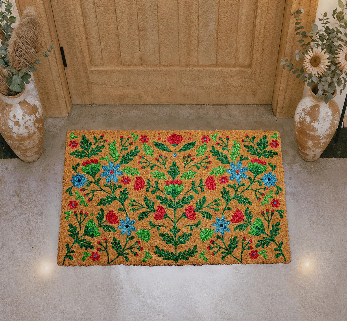 Personalized Floral Coir Doormat, Custom Welcome Mat, Boho Outdoor Rug (18"x30")
