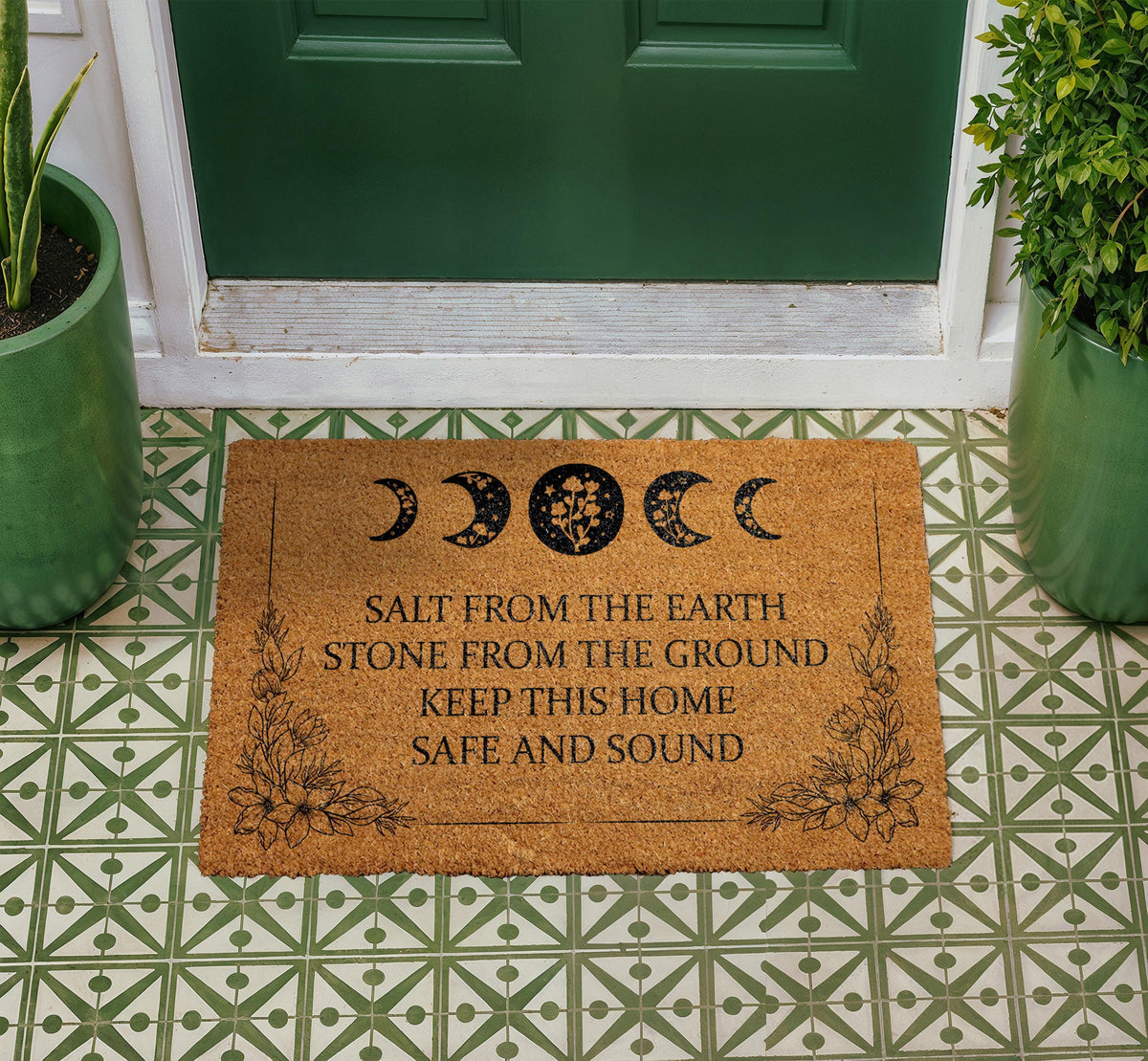 Celestial Moon Phases Doormat, Witchy Protection Welcome Mat, Natural Coir Entryway Rug