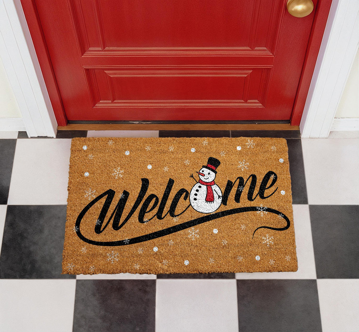 Snowman Welcome Doormat, Winter Holiday Coir Mat, Festive Outdoor Entryway Rug