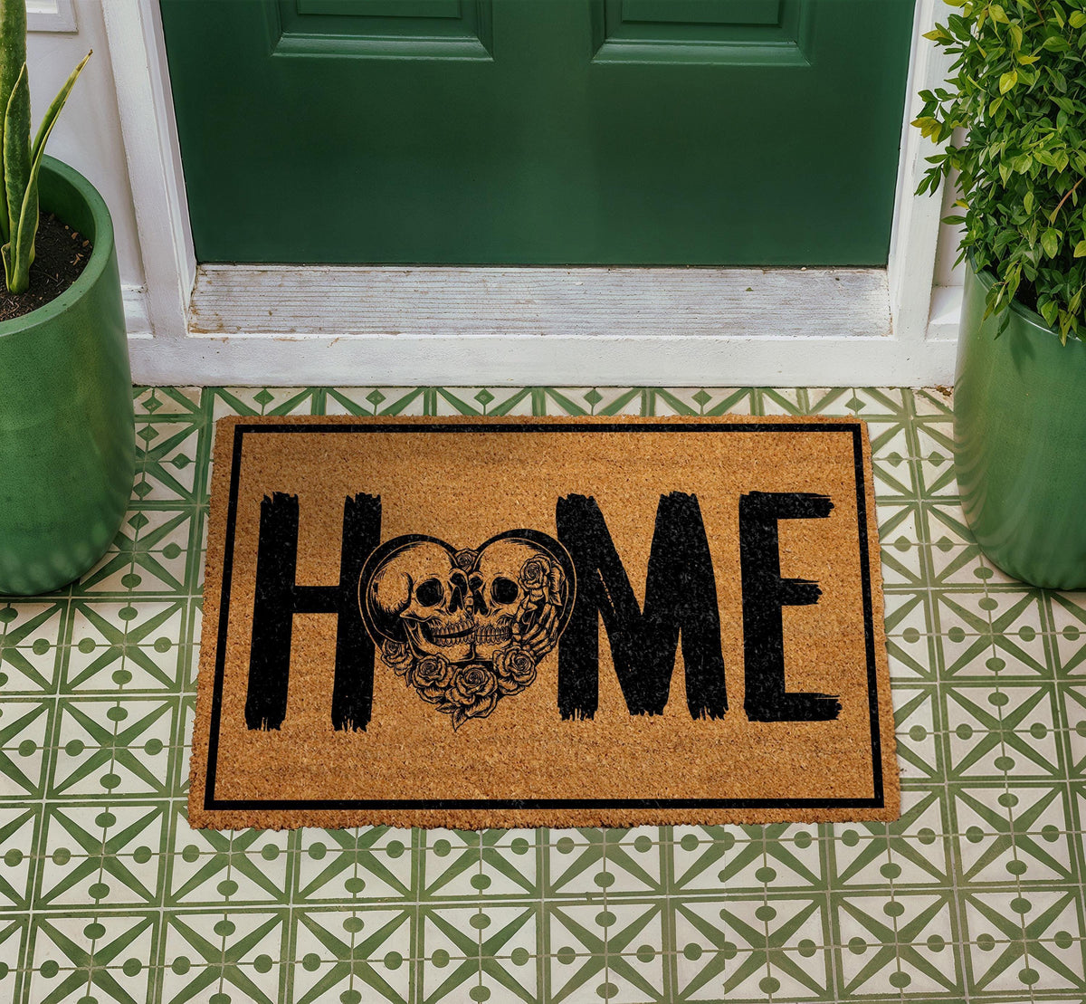 Personalized Gothic Skull Heart Doormat, Romantic Couple Welcome Mat (Coir)