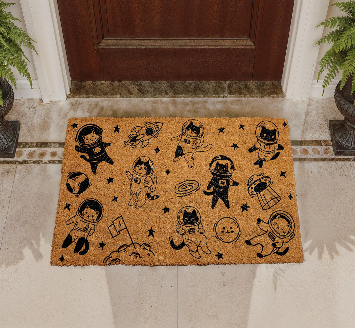 Astronaut Cat Doormat, Cosmic Kitty Welcome Mat, Space Porch Decor Rug