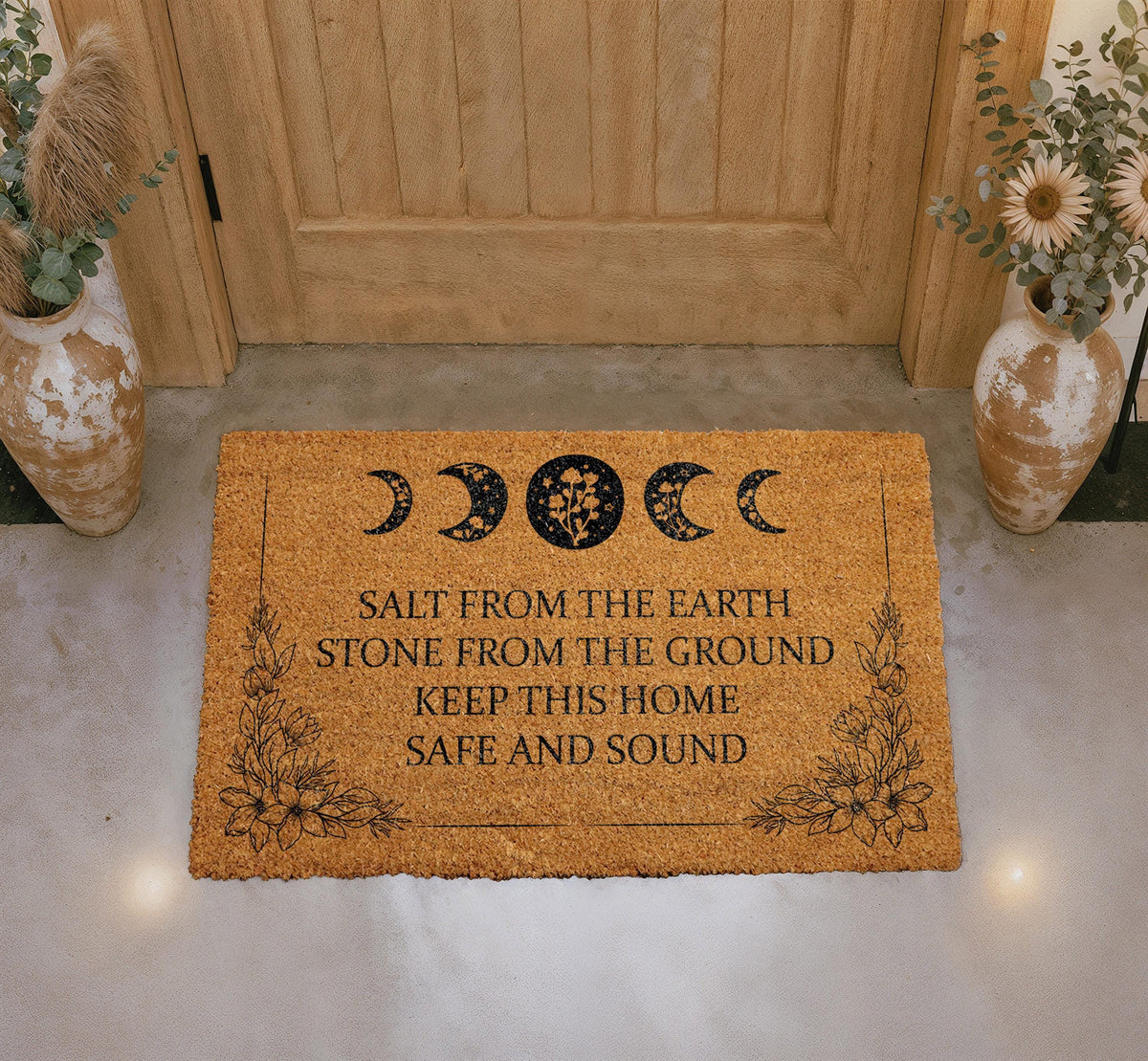 Celestial Moon Phases Doormat, Witchy Protection Welcome Mat, Natural Coir Entryway Rug