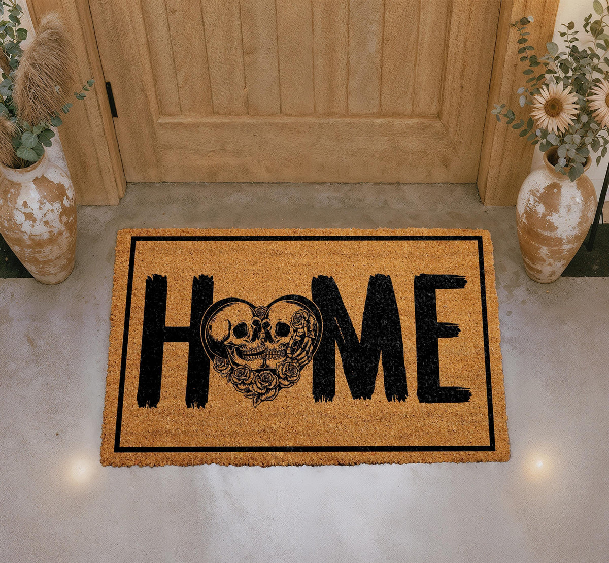 Personalized Gothic Skull Heart Doormat, Romantic Couple Welcome Mat (Coir)