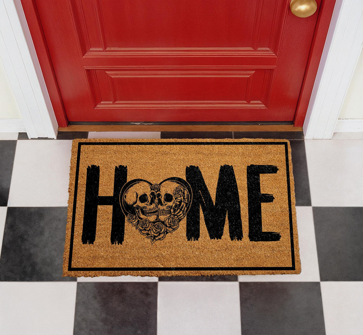 Personalized Gothic Skull Heart Doormat, Romantic Couple Welcome Mat (Coir)