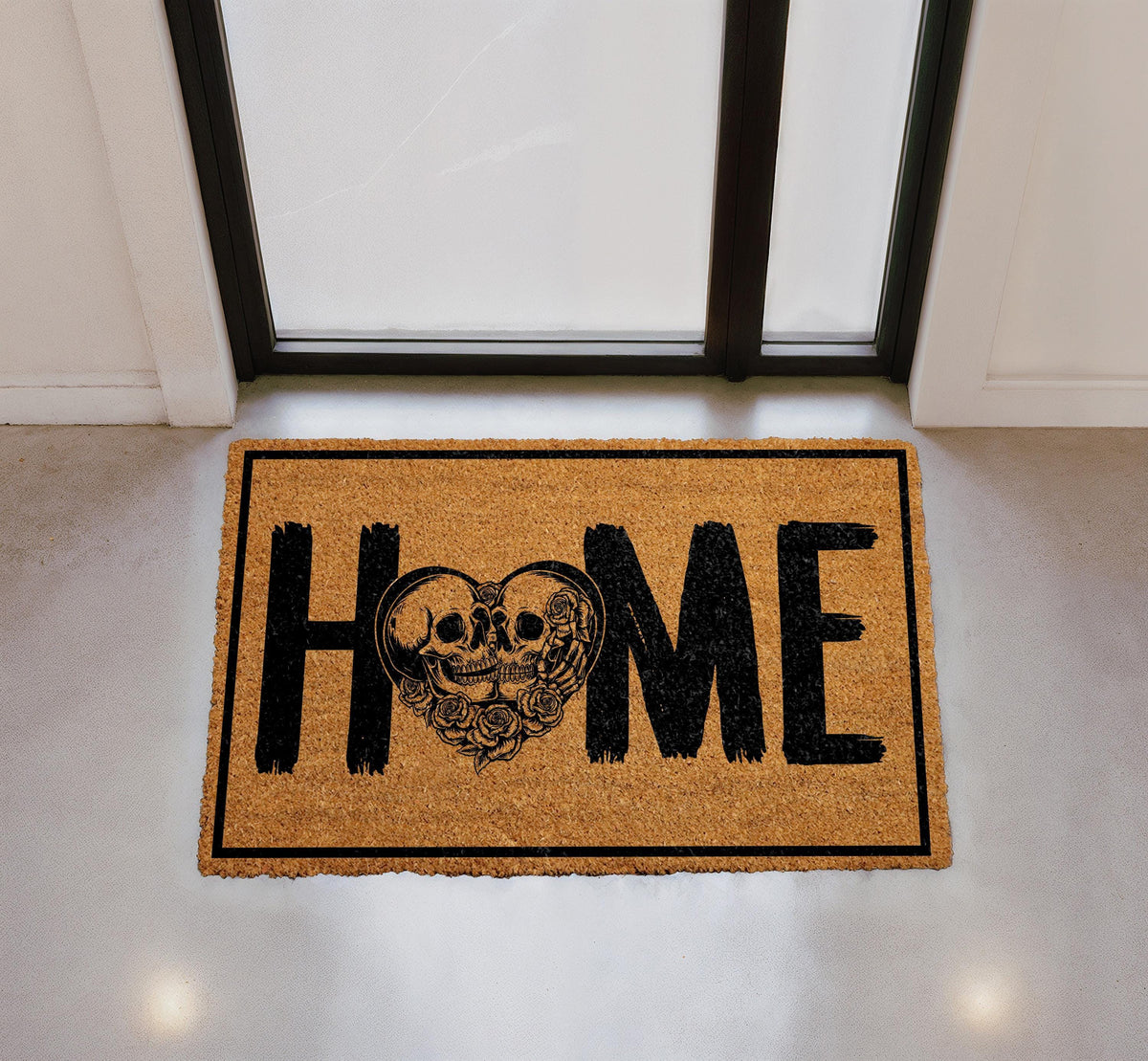 Personalized Gothic Skull Heart Doormat, Romantic Couple Welcome Mat (Coir)