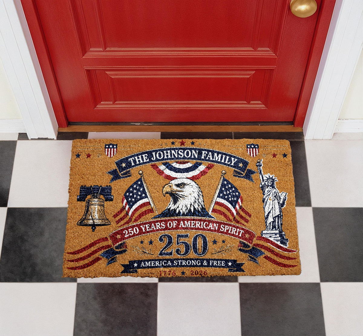 Custom Family Doormat, Patriotic 250 Years American Spirit Welcome Rug