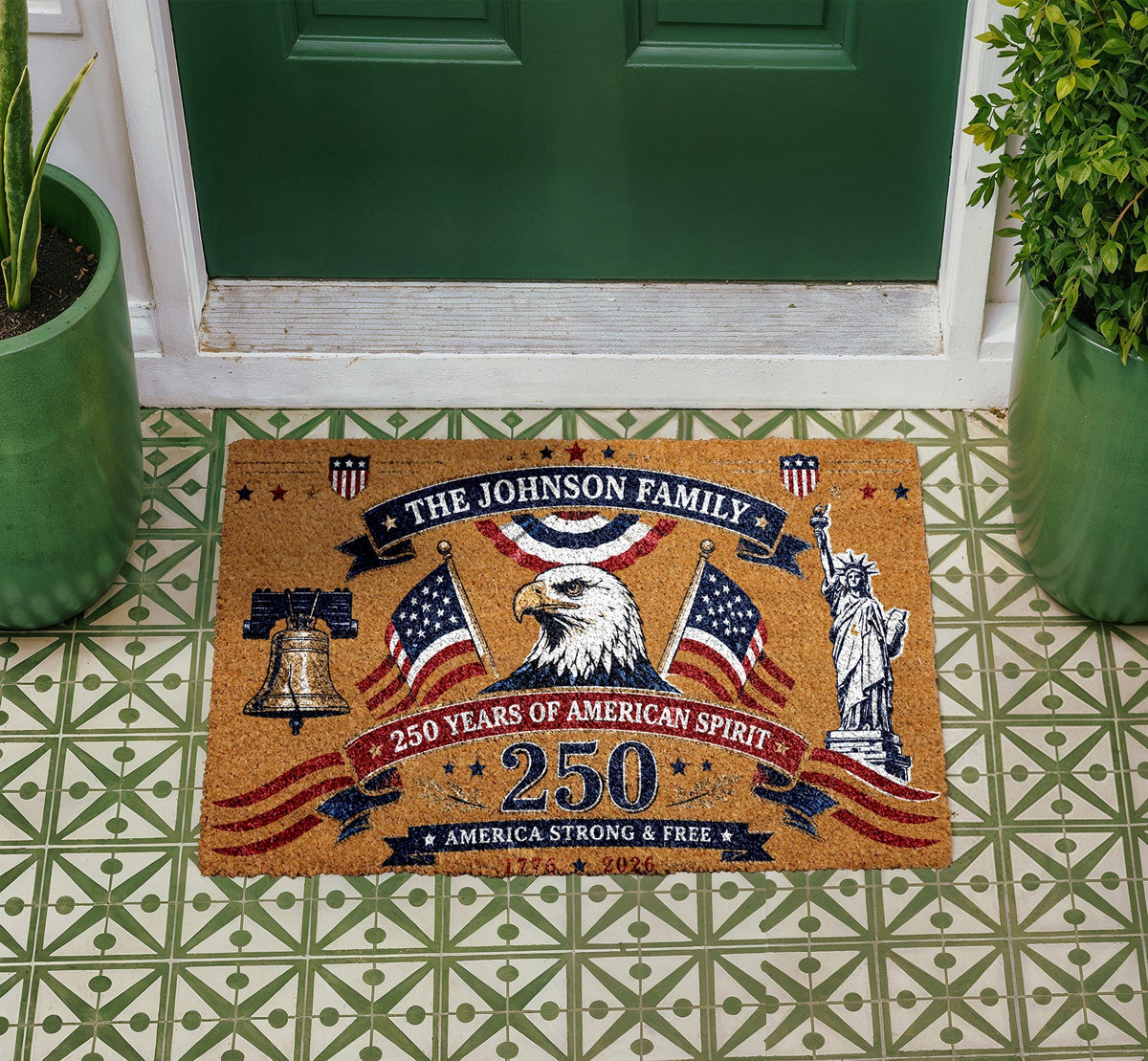 Custom Family Doormat, Patriotic 250 Years American Spirit Welcome Rug