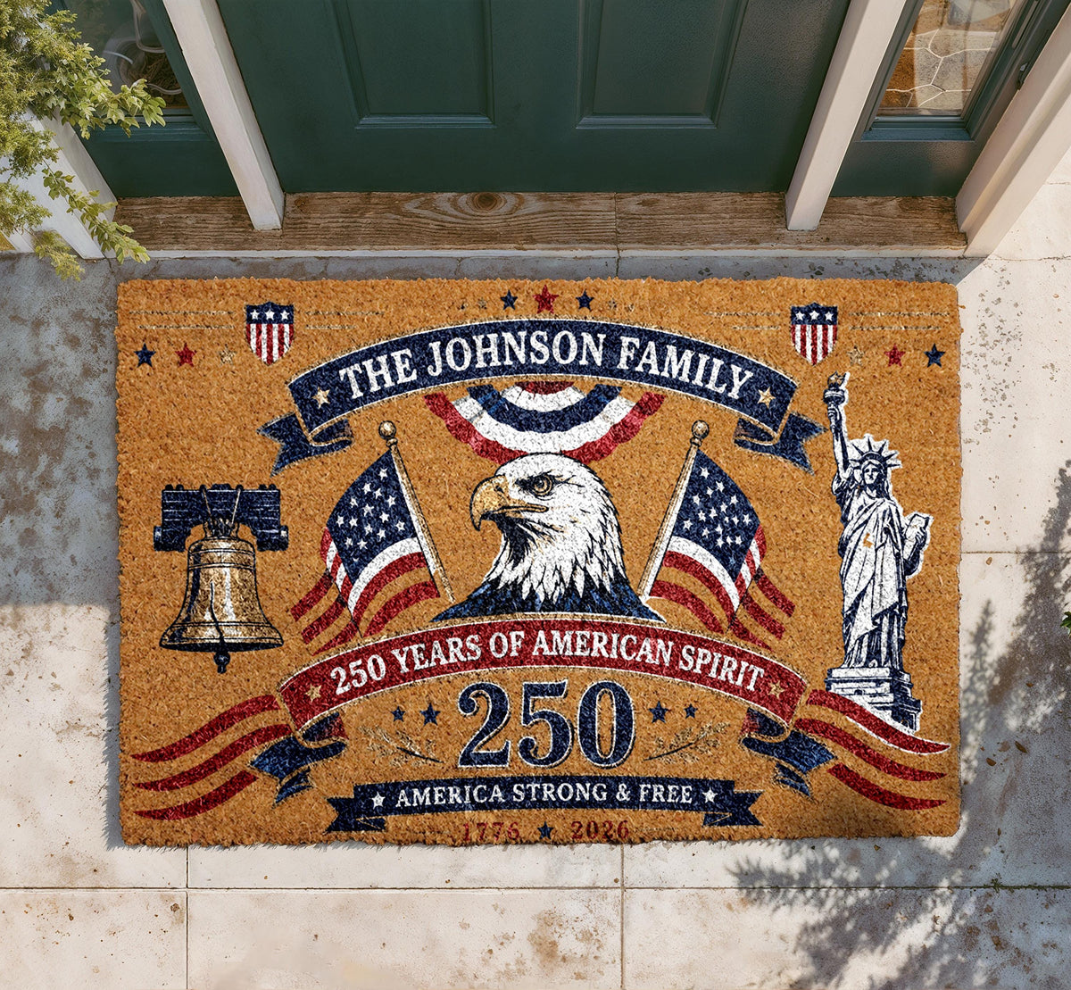 Custom Family Doormat, Patriotic 250 Years American Spirit Welcome Rug