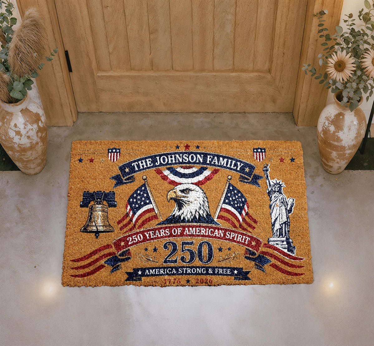 Custom Family Doormat, Patriotic 250 Years American Spirit Welcome Rug