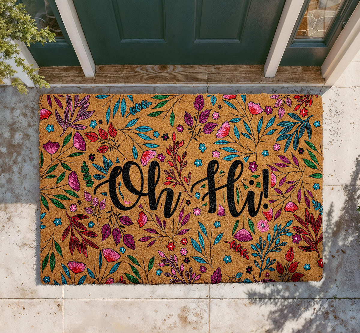 Oh Hi Floral Doormat, Colorful Flowers Welcome Mat, Natural Coir Door Mat
