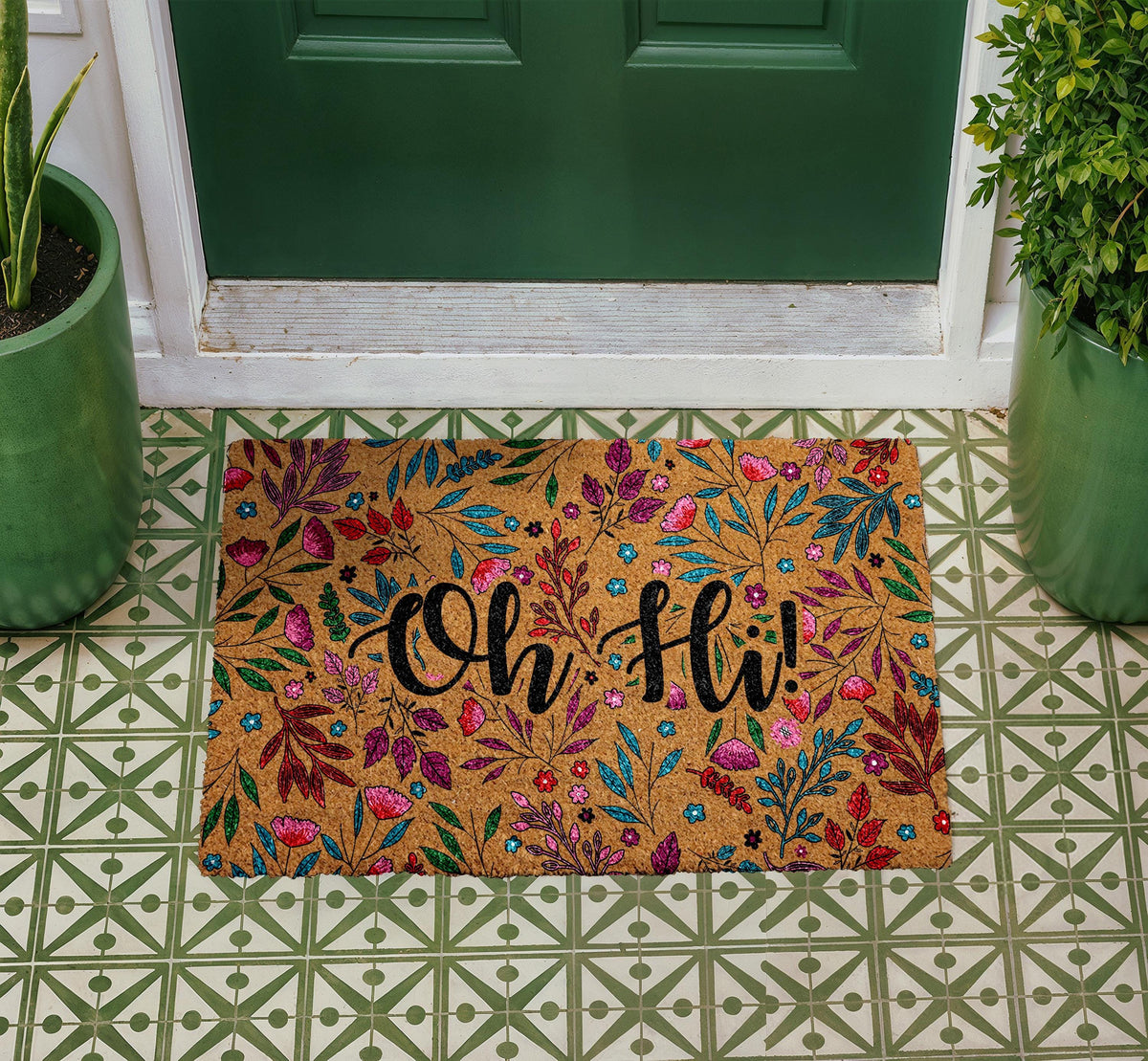 Oh Hi Floral Doormat, Colorful Flowers Welcome Mat, Natural Coir Door Mat